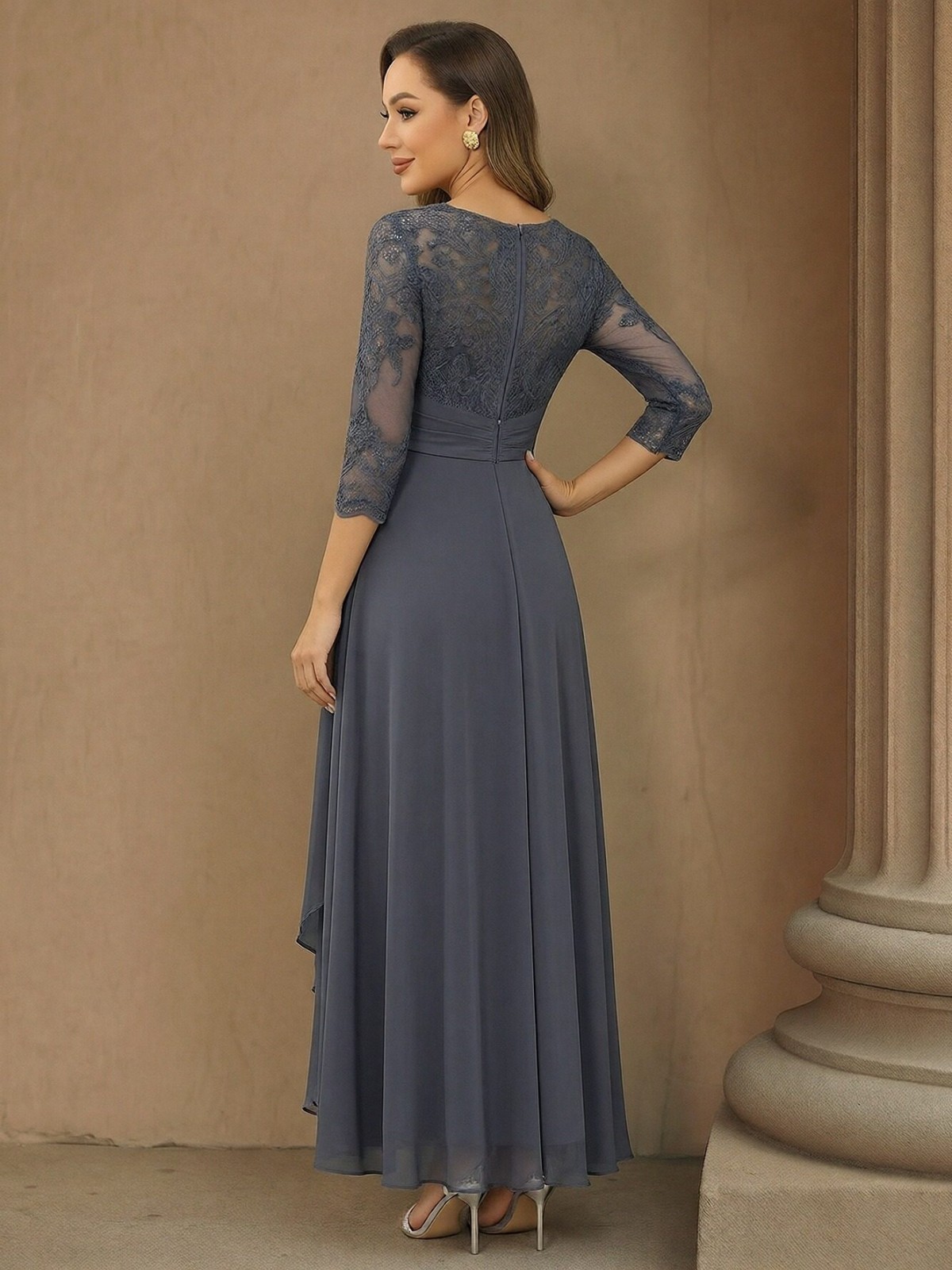 Chiffon Lace Appliques High Low Scoop Neck Mother of the Bride Dresses