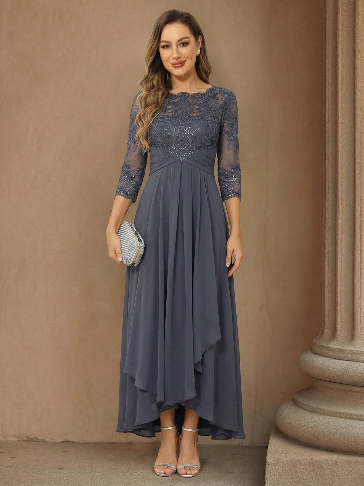 Chiffon Lace Appliques High Low Scoop Neck Mother of the Bride Dresses