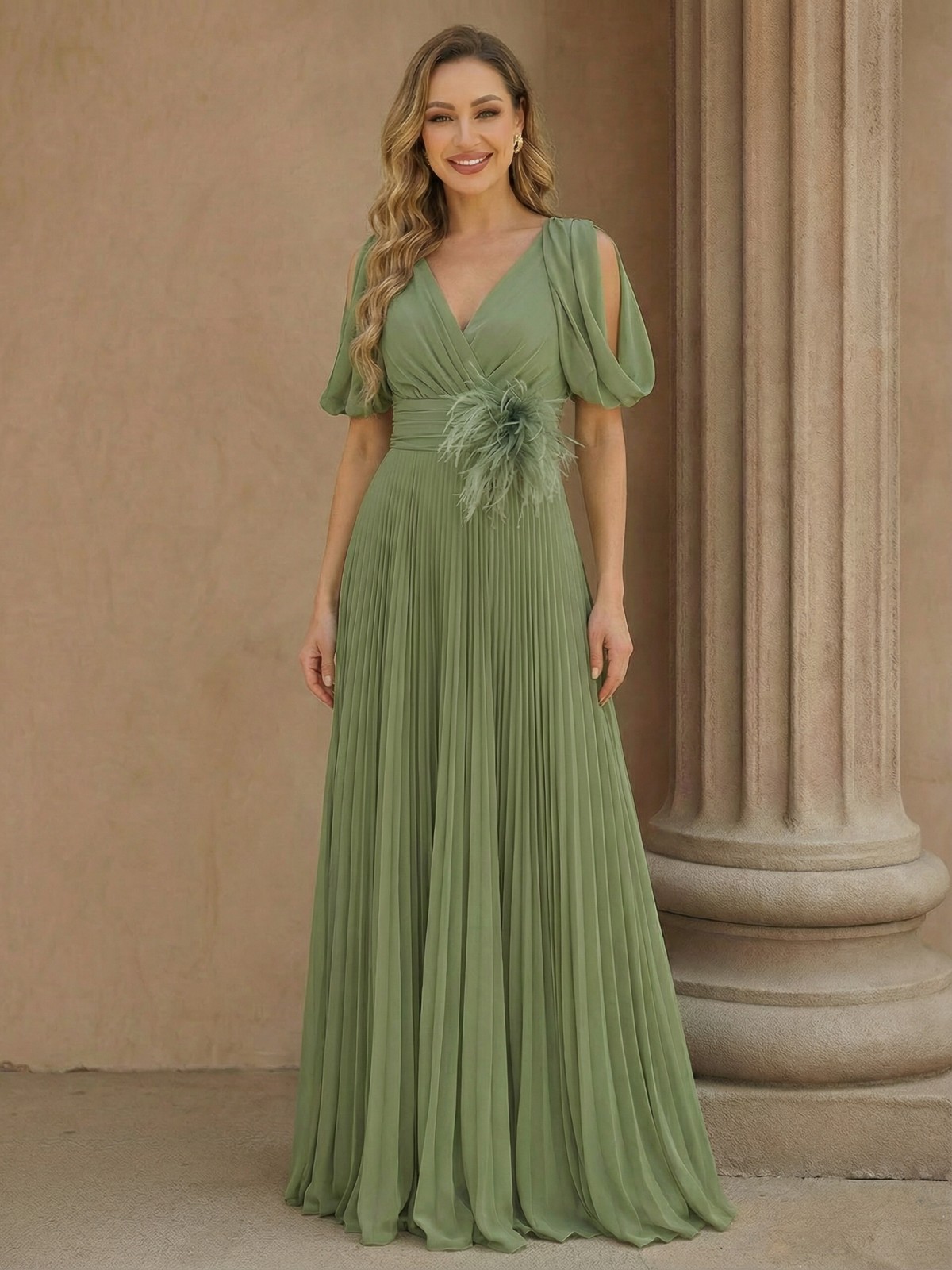 Chiffon Pleated V Neck Mother of the Bride Dresses