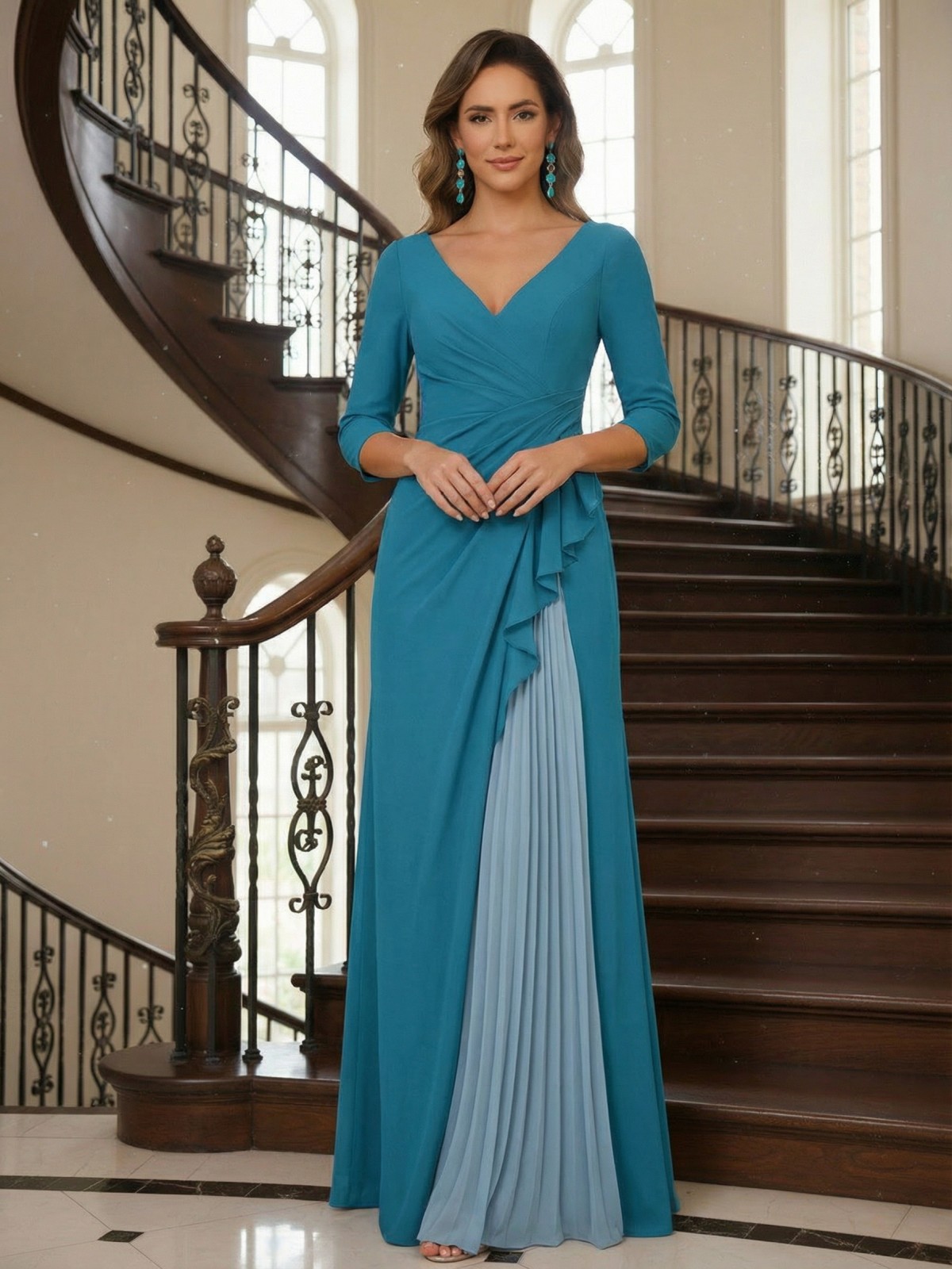 Chiffon Pleated V Neck Mother of the Bride Dresses