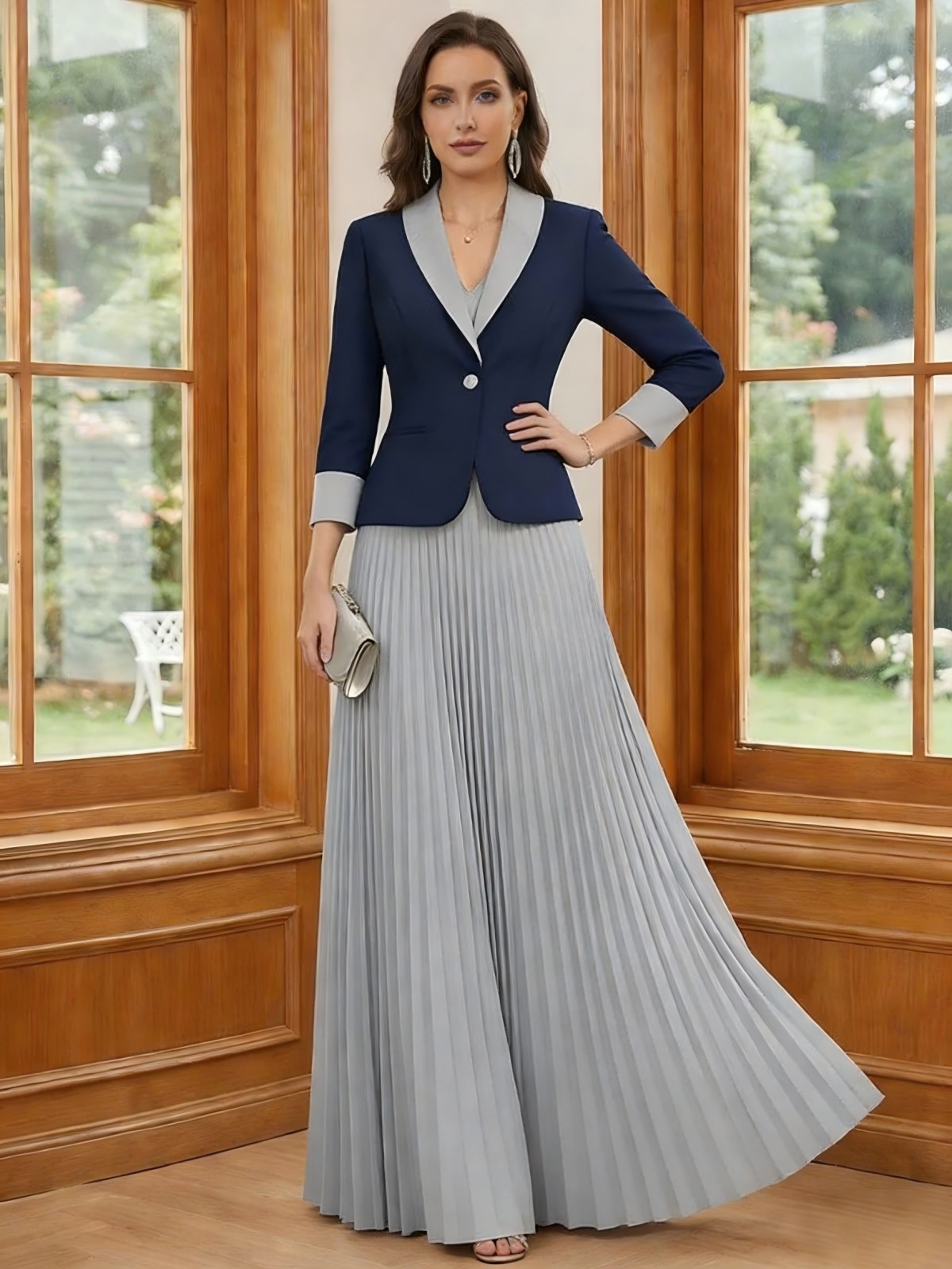 Chiffon Satin V Neck 2 Pieces Mother of the Bride Dresses with Jacket