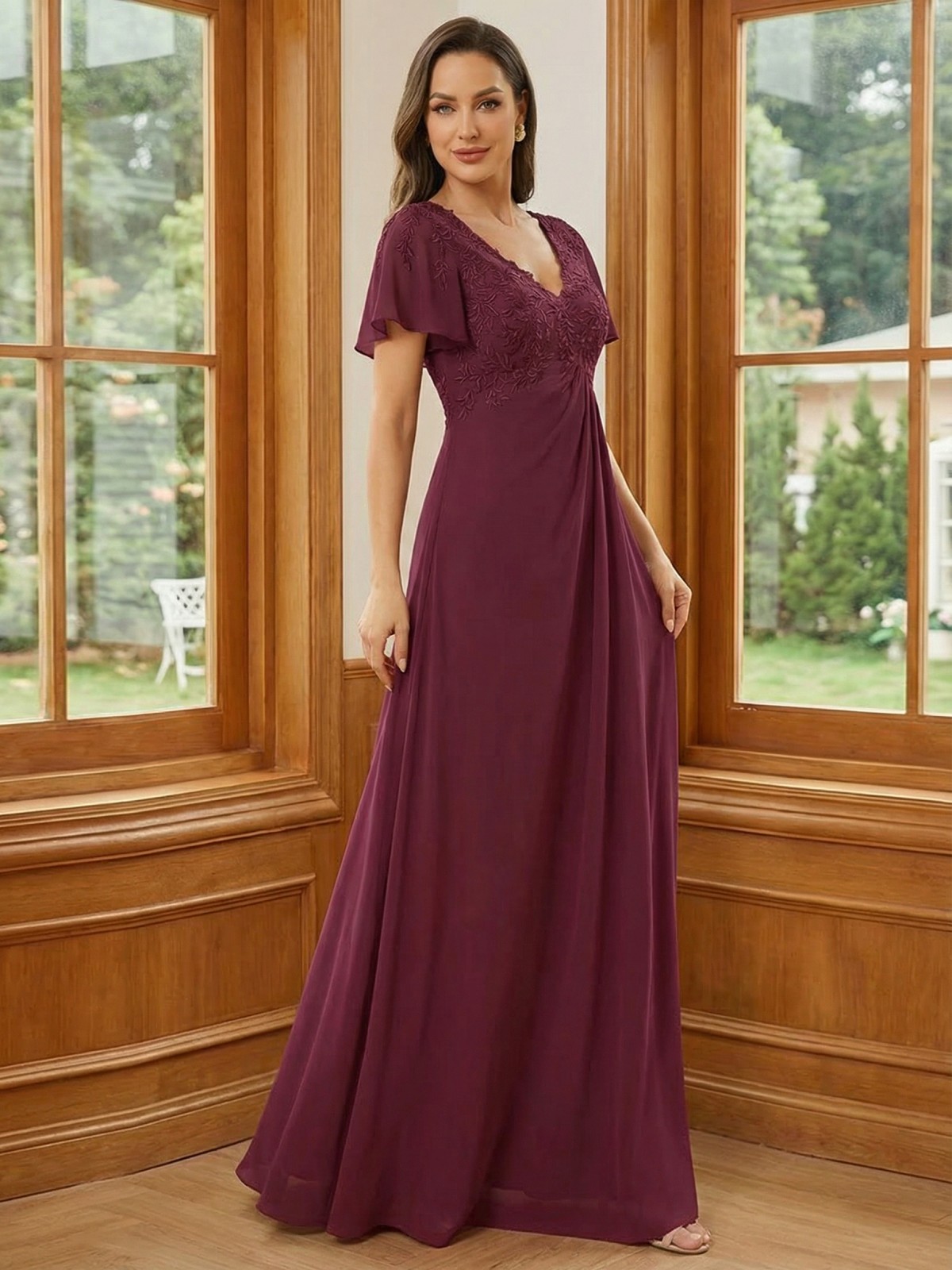 Chiffon V Neck Lace Appliques Mother of the Bride Dresses