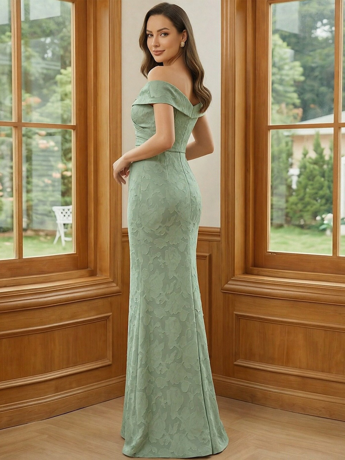 Jacquard Off the Shoulder Ruched Mother of the Bride Dresses