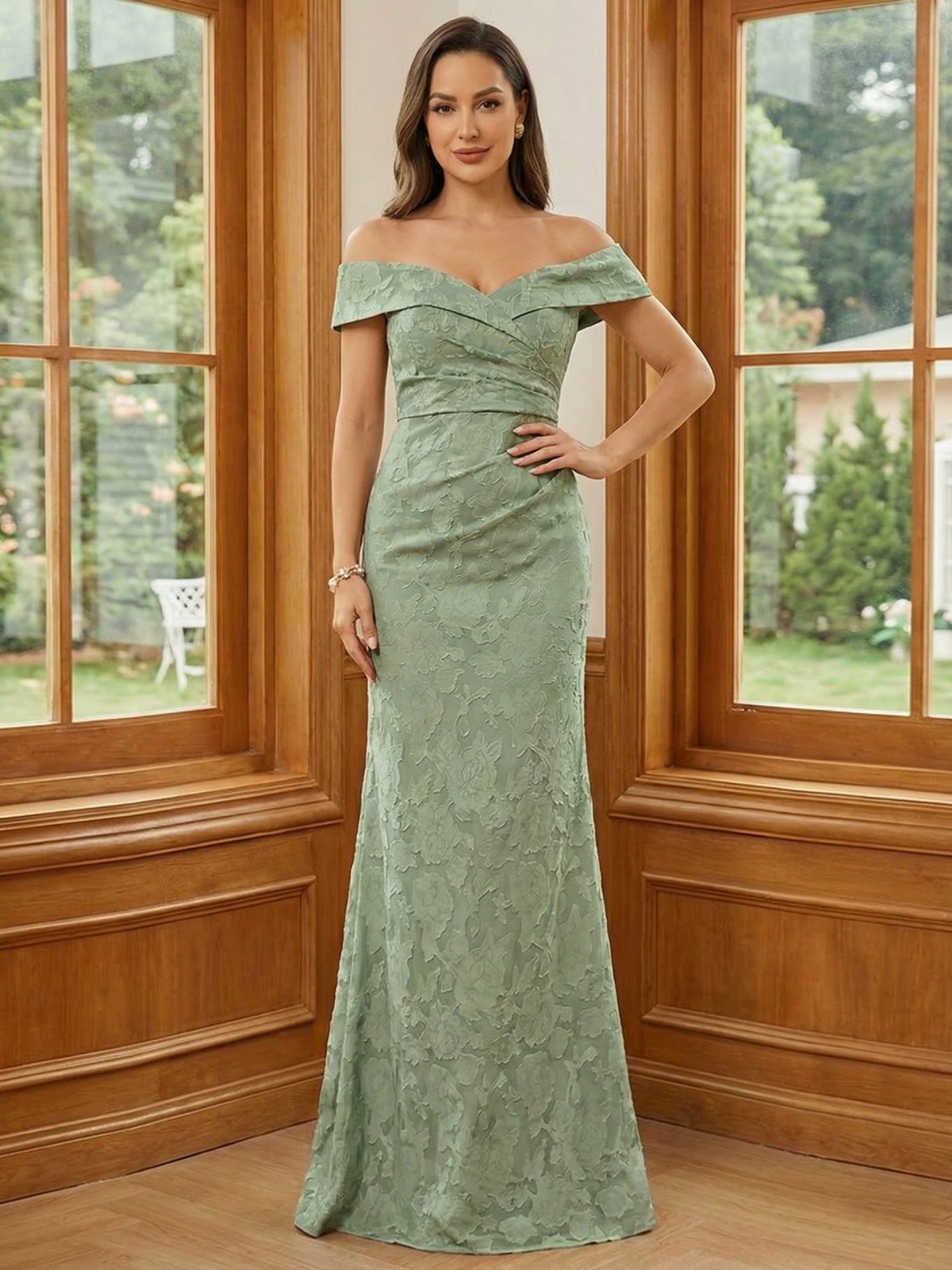 Jacquard Off the Shoulder Ruched Mother of the Bride Dresses