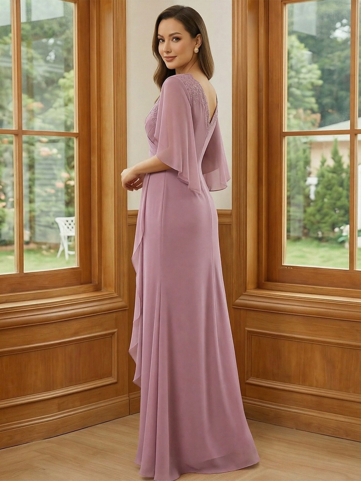 Chiffon V Neck Ruffles Lace Appliques Mother of the Bride Dresses