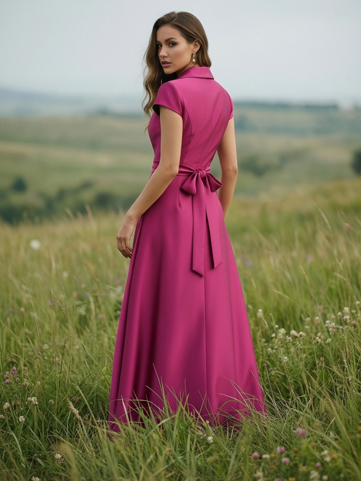 V Neck Short Sleeves Satin Mother of the Bride Dresses