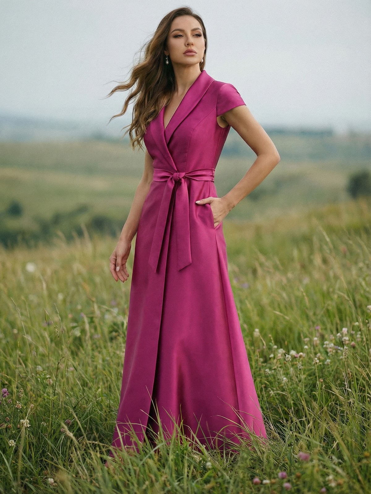 V Neck Short Sleeves Satin Mother of the Bride Dresses