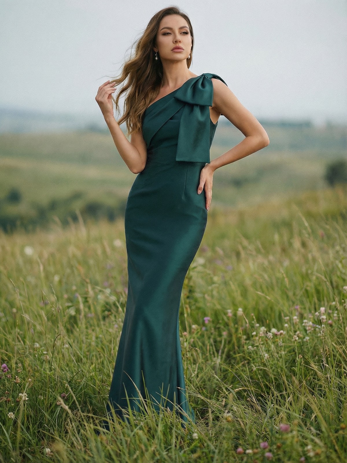 One Shoulder Satin Mother of the Bride Dresses with Bow