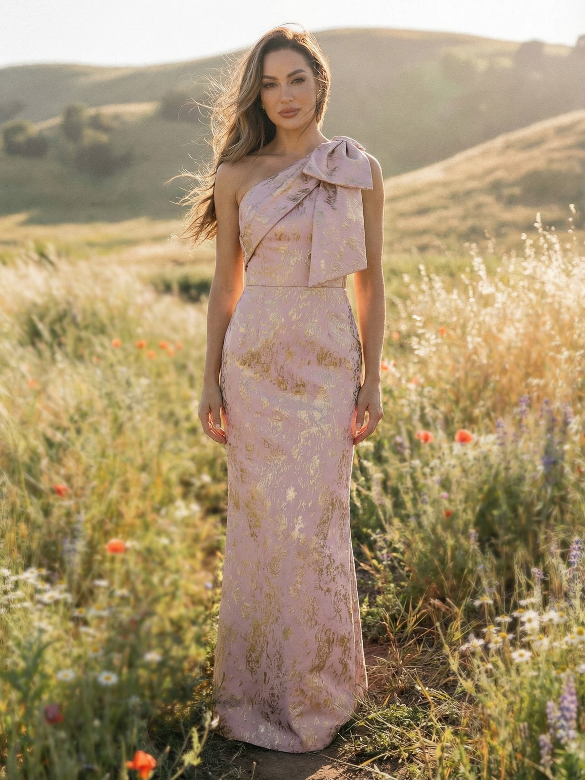 One Shoulder Floral Print Mother of the Bride Dresses with Bow