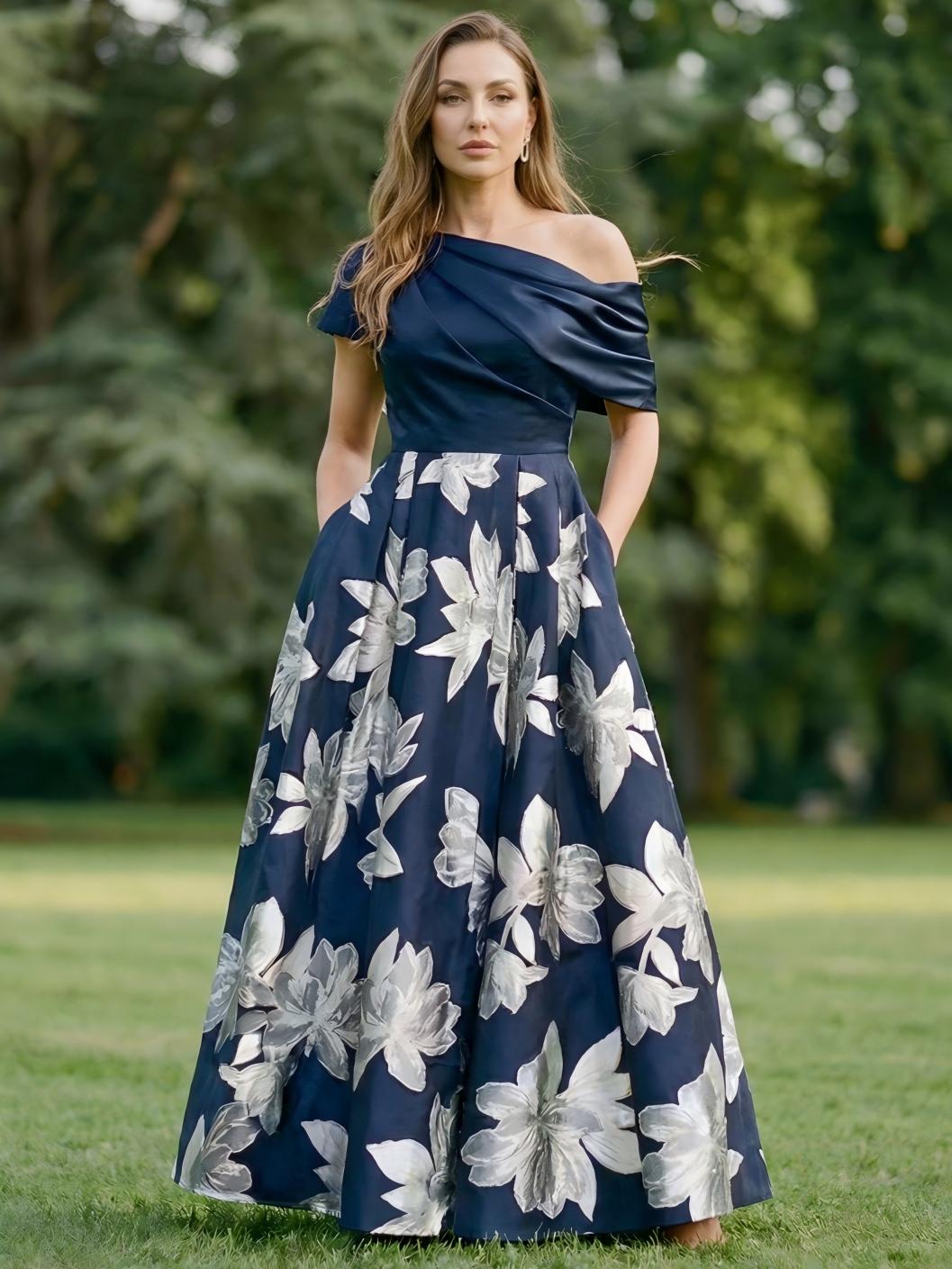 Satin One Shoulder Floral Print Mother of the Bride Dresses