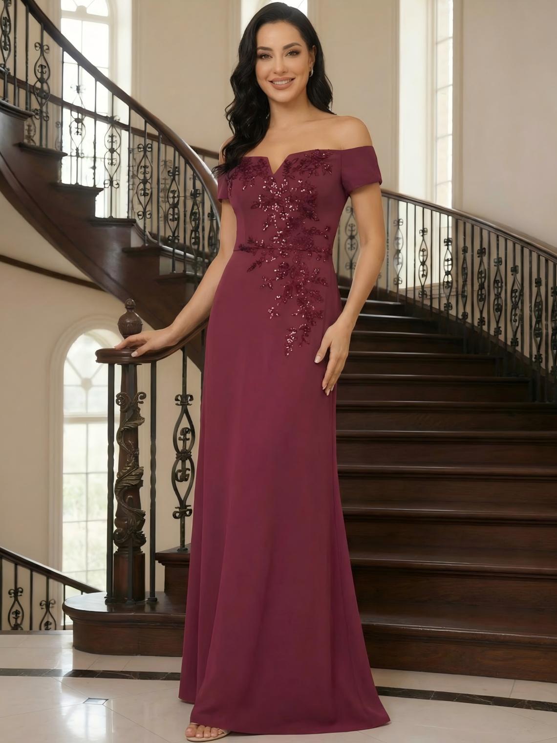 Off the Shoulder Chiffon V Neck Mother of the Bride Dresses