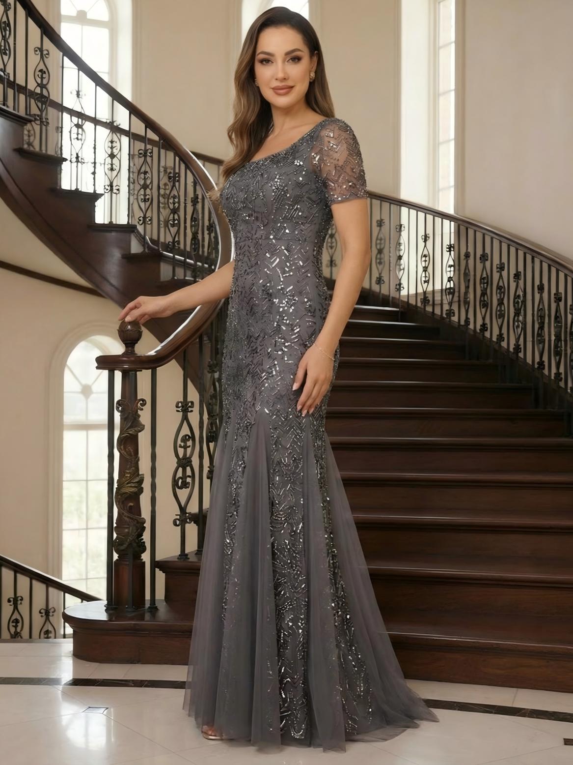 Round Neck Glitter Tulle Mother of the Bride Dresses