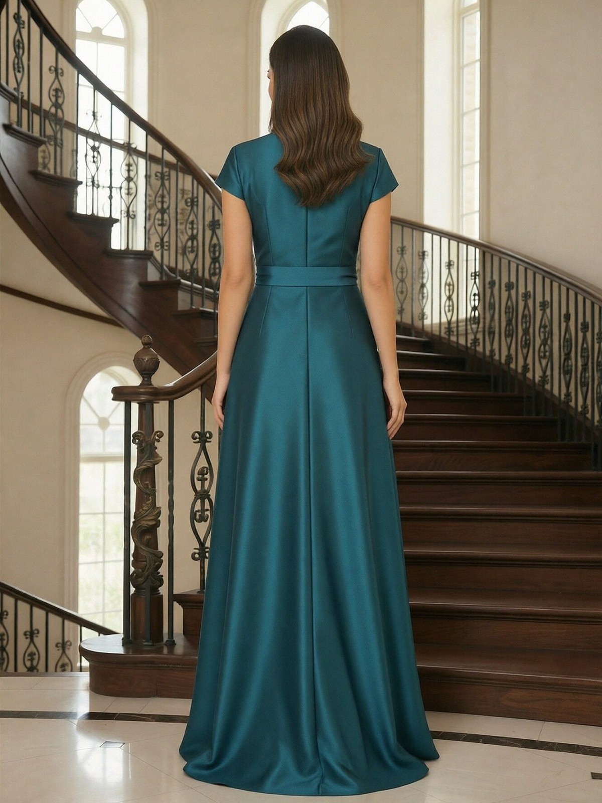 V Neck A Line Satin Mother of the Bride Dresses