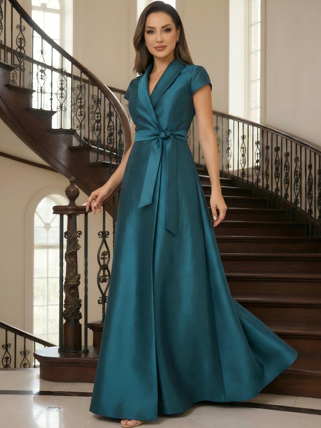 V Neck A Line Satin Mother of the Bride Dresses