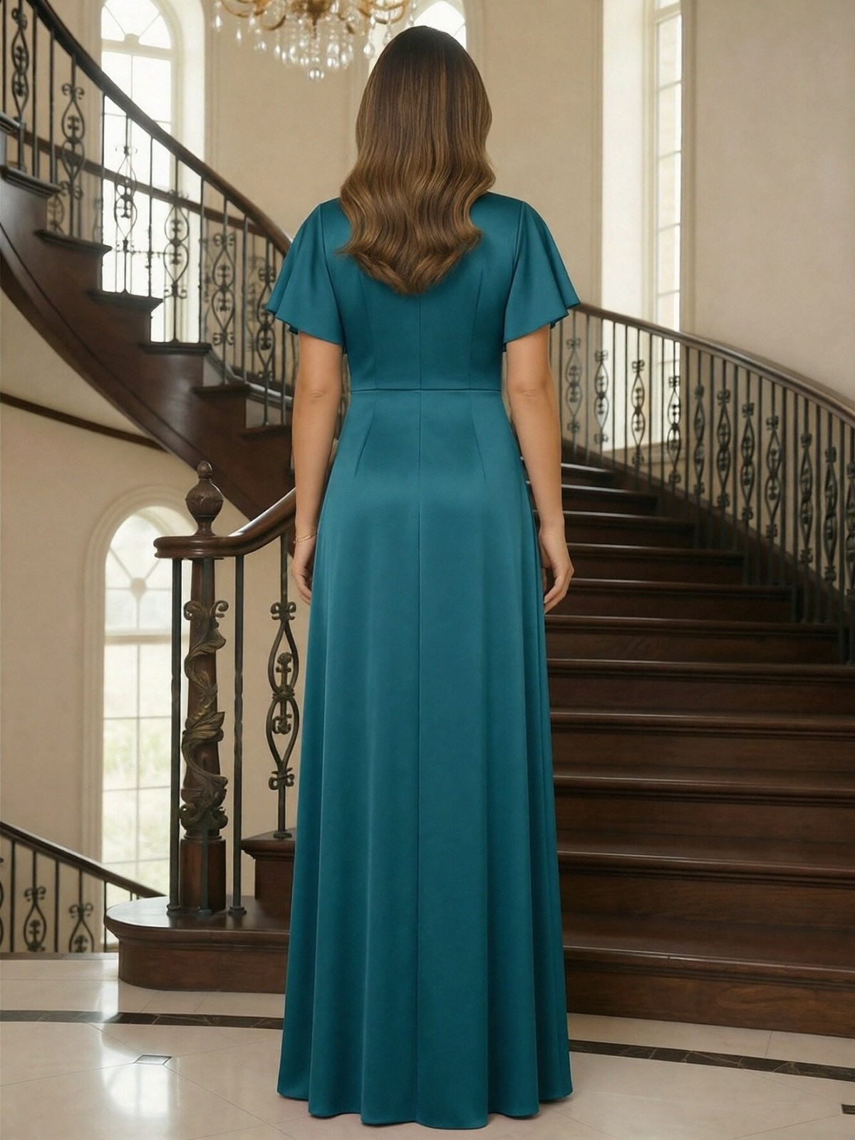 Flutter Sleeves Satin Mother of the Bride Dresses