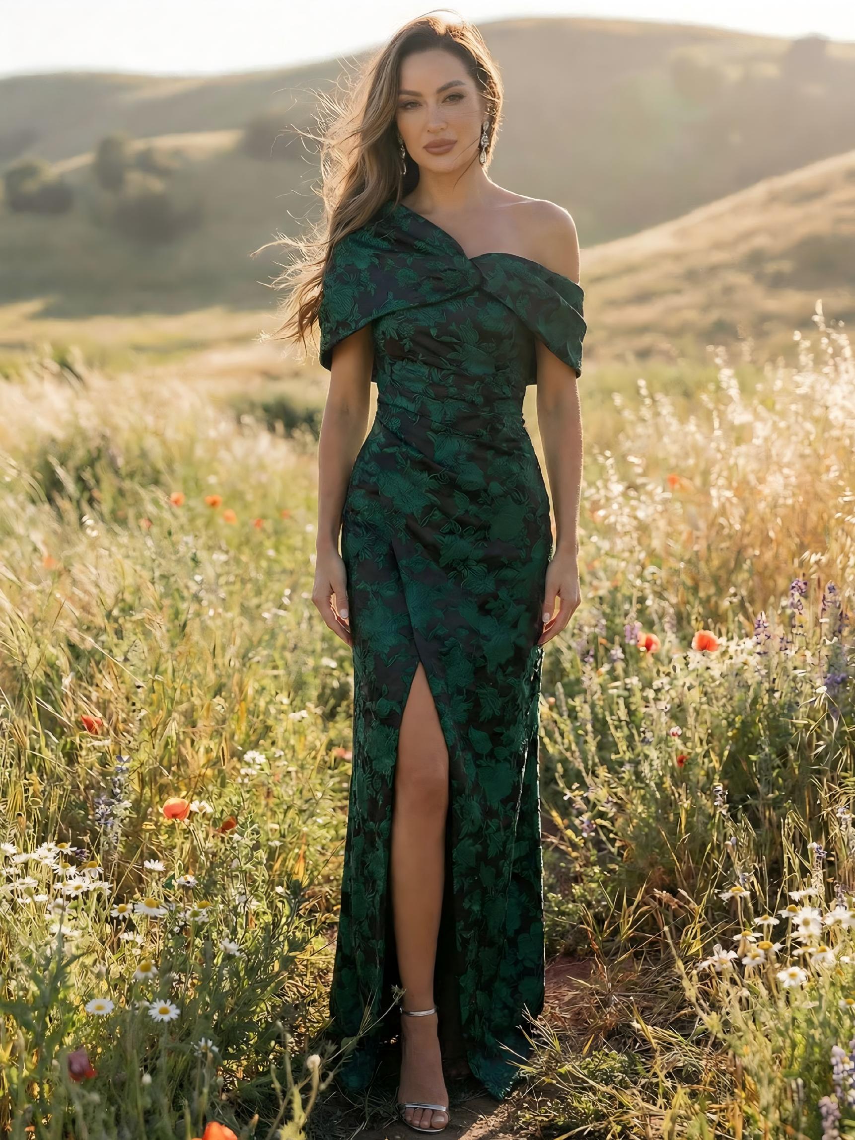 One Shoulder Satin Floral Print Mother of the Bride Dresses with Slit