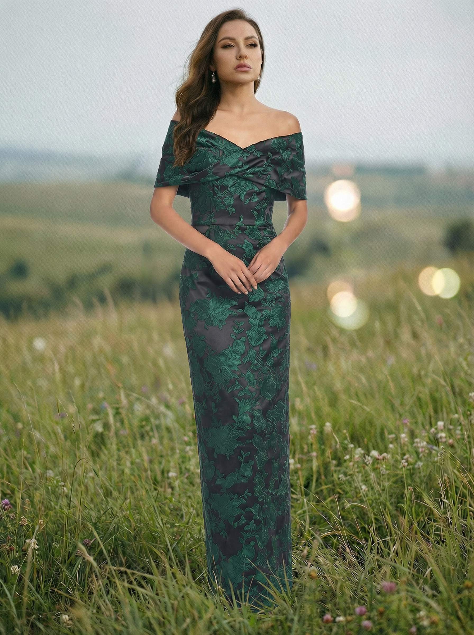 Off the Shoulder Sheath Floral Print Satin Mother of the Bride Dresses