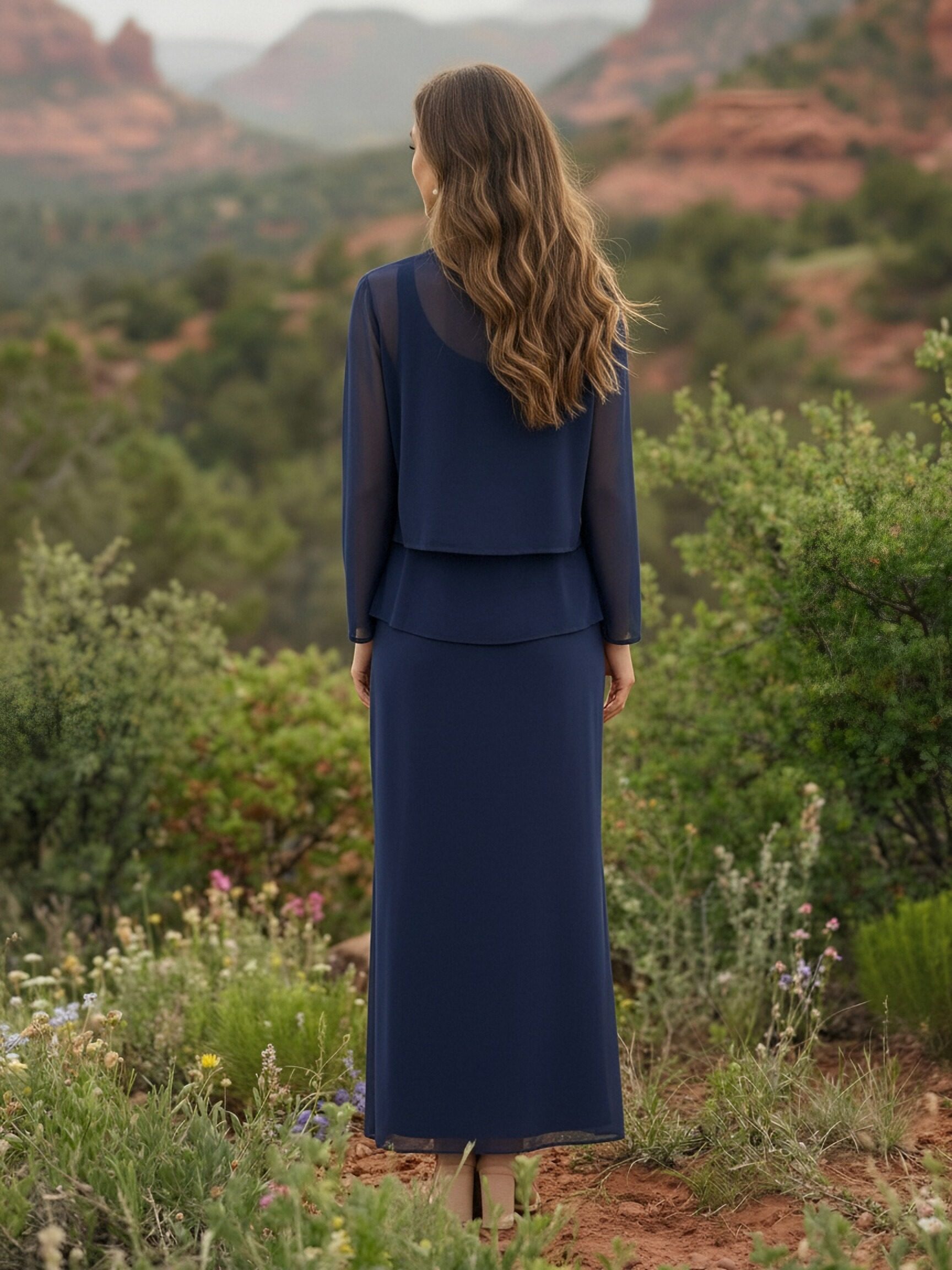 Round Neck Chiffon Sheath 2 Pieces Mother of the Bride Dresses