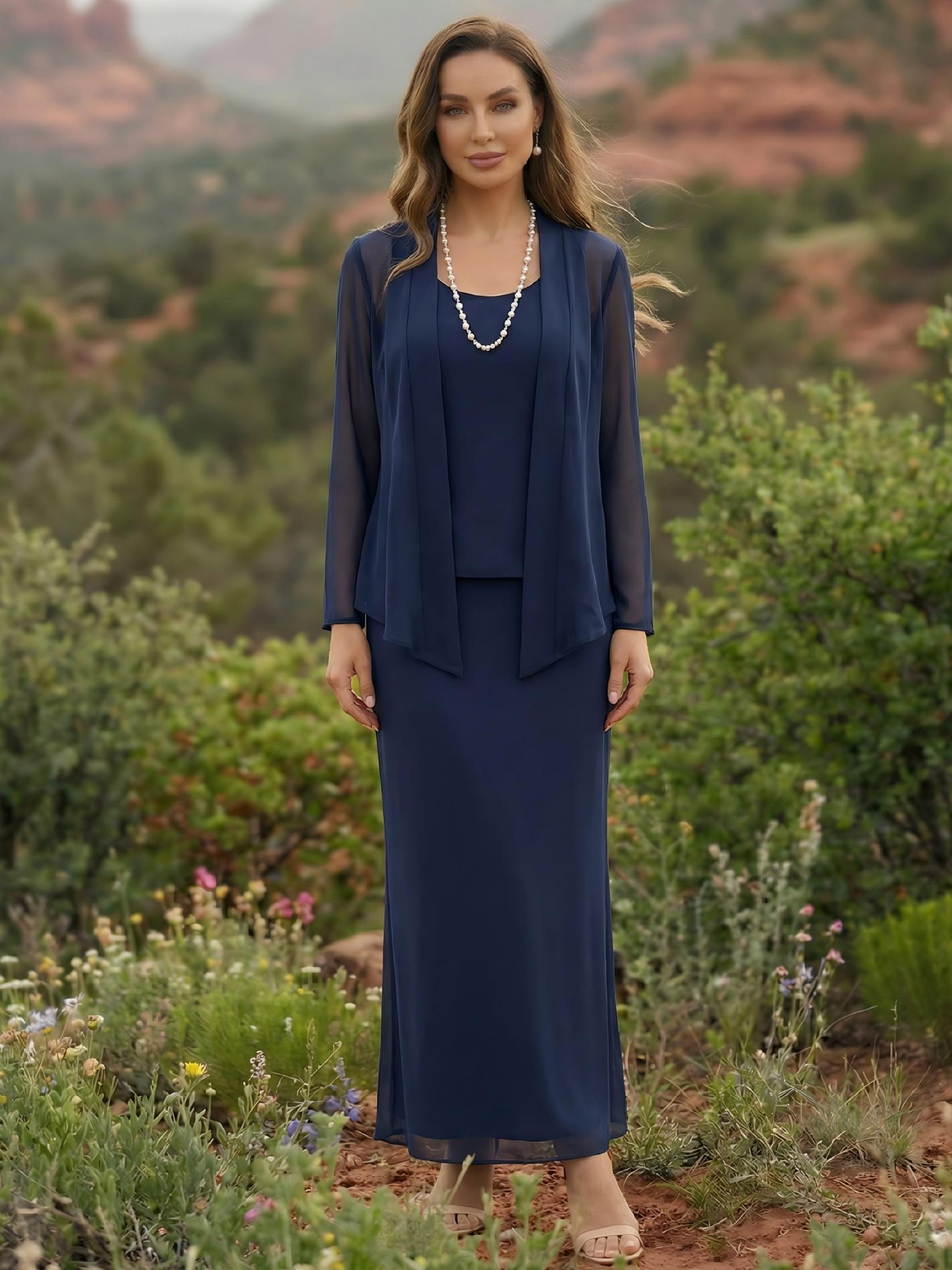 Round Neck Chiffon Sheath 2 Pieces Mother of the Bride Dresses