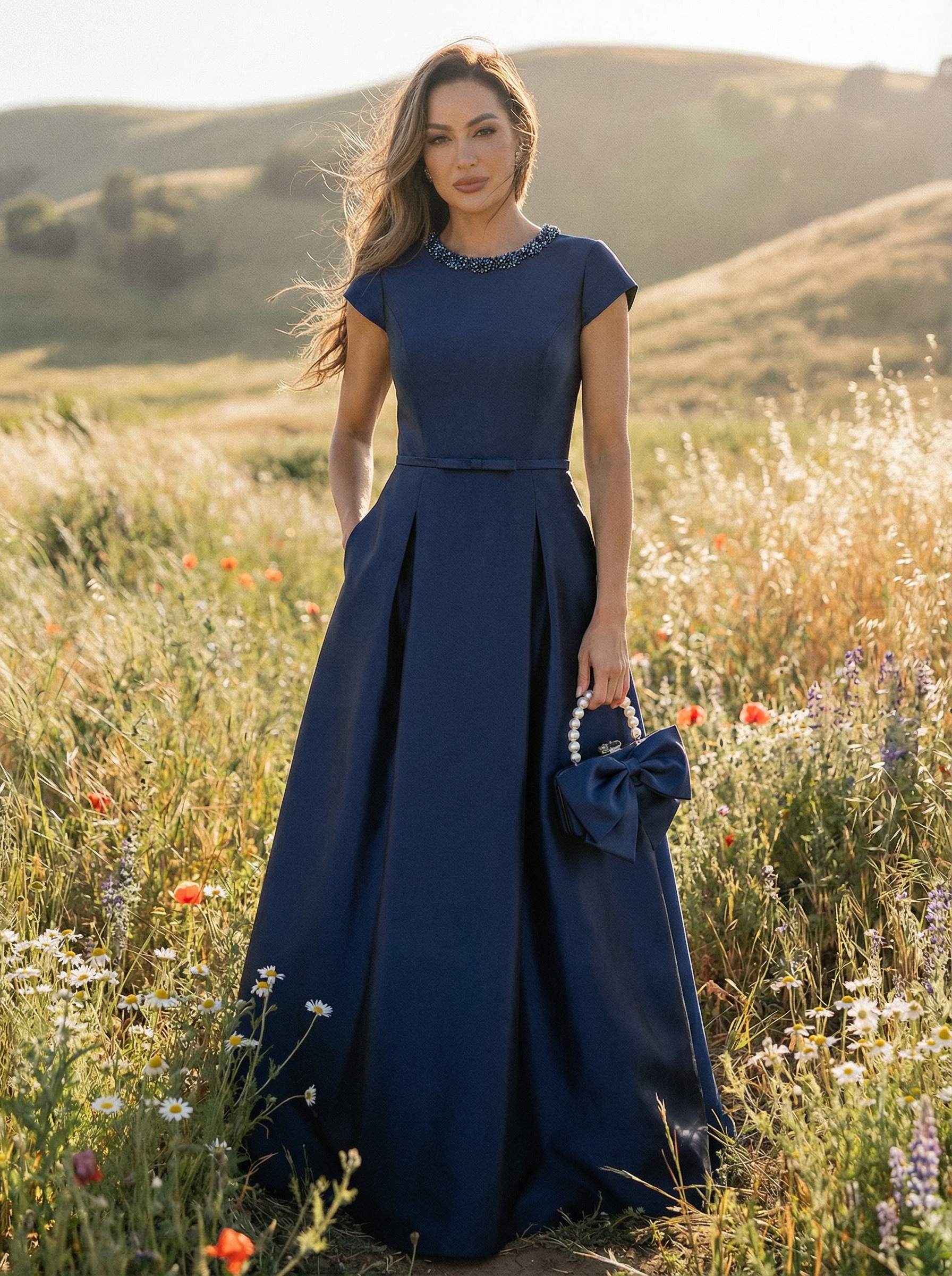 Round Neck Satin A Line Short Sleeves Mother of the Bride Dresses