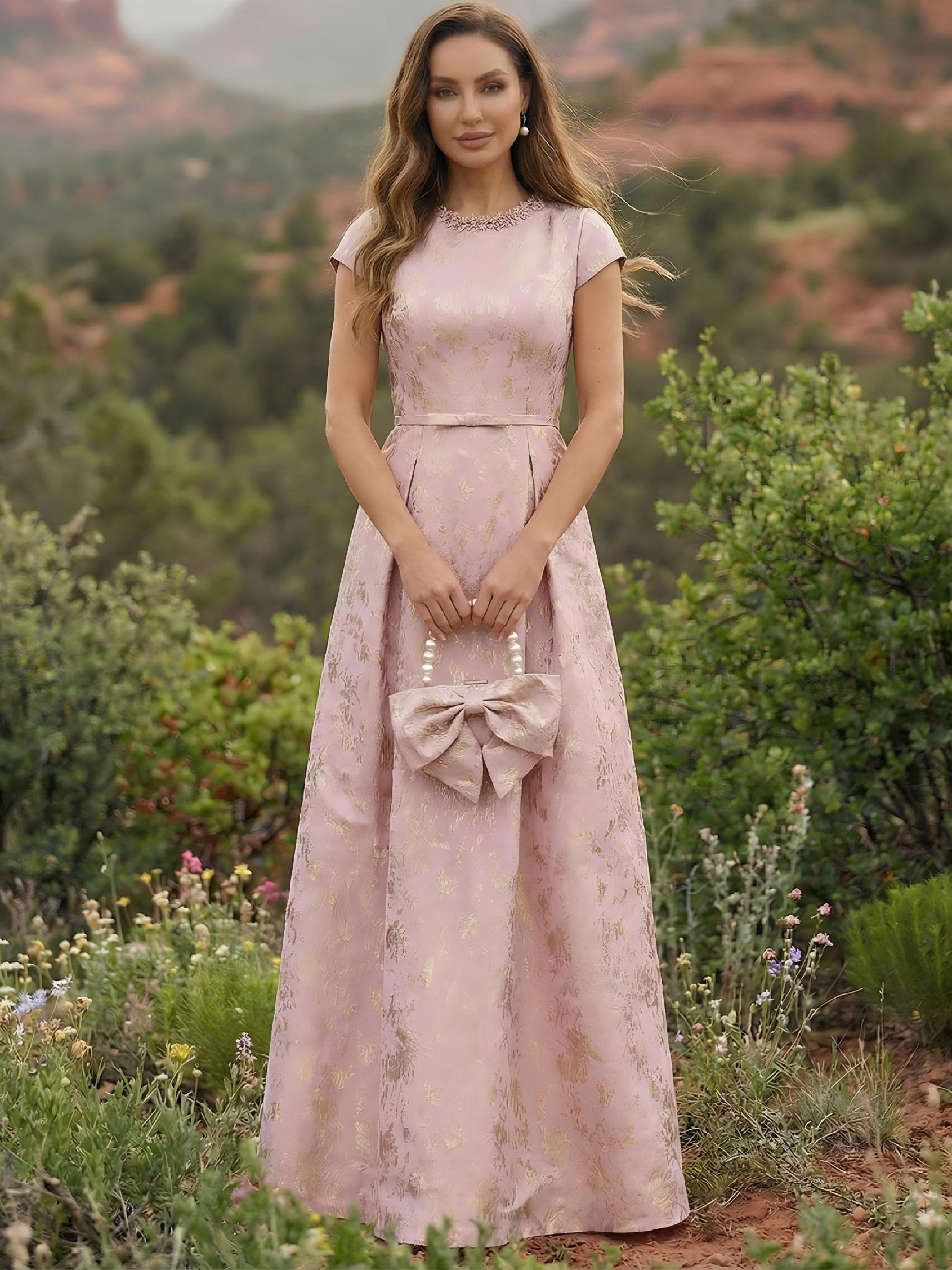 Round Neck Satin Floral Print Short Sleeves Mother of the Bride Dresses