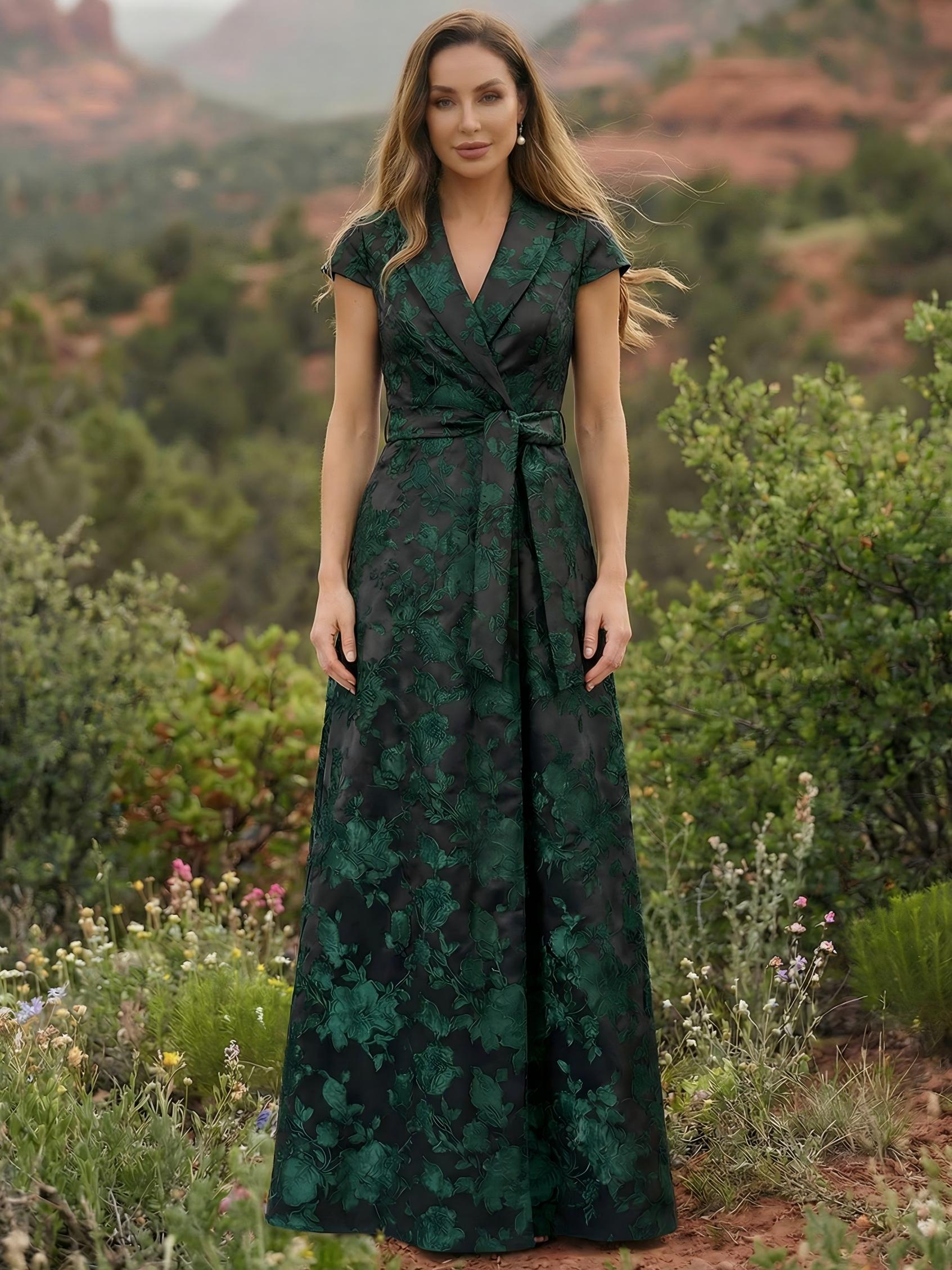 V Neck Satin Floral Print Short Sleeves Mother of the Bride Dresses