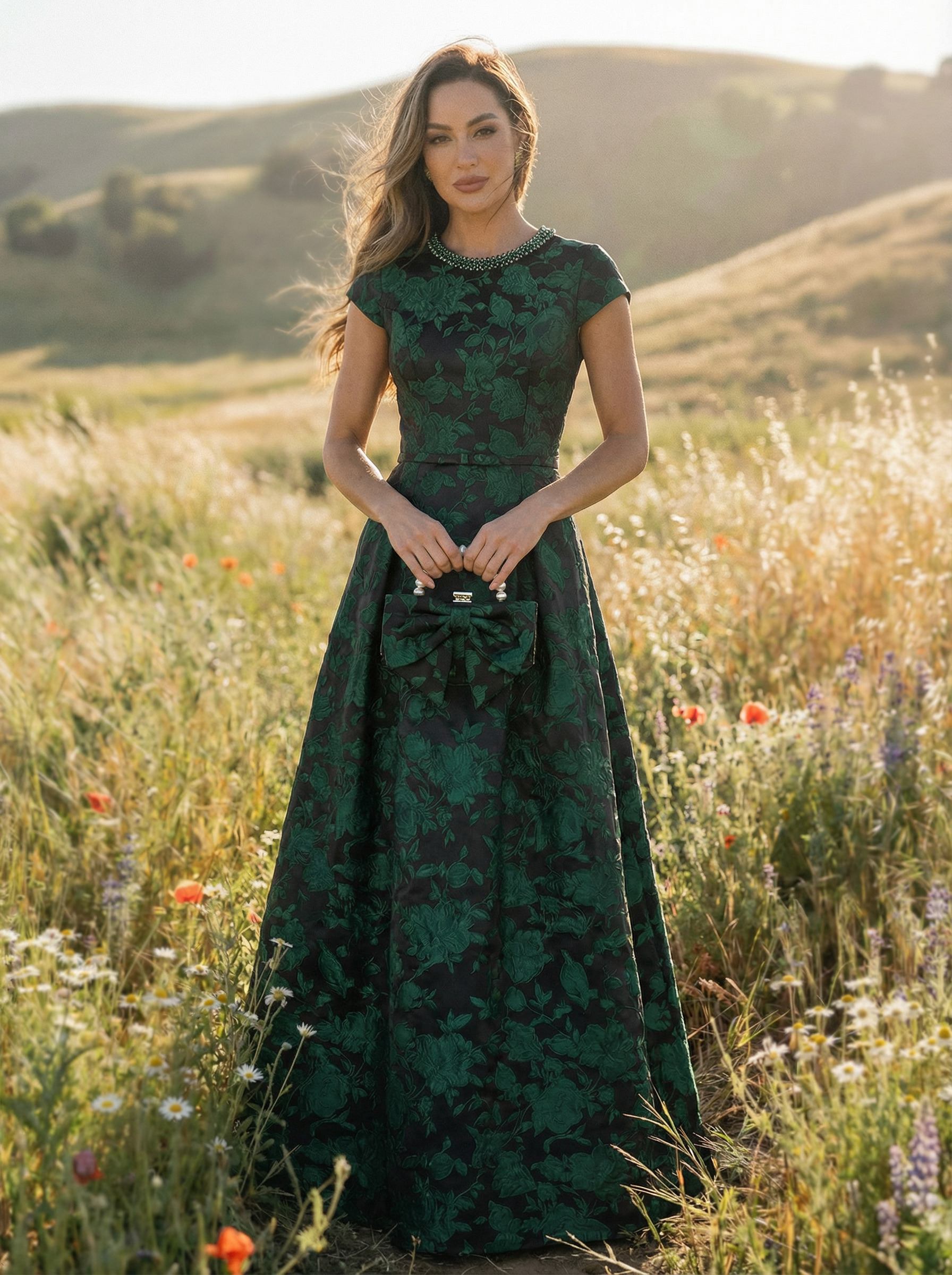 Round Neck Satin Floral Print Short Sleeves Mother of the Bride Dresses