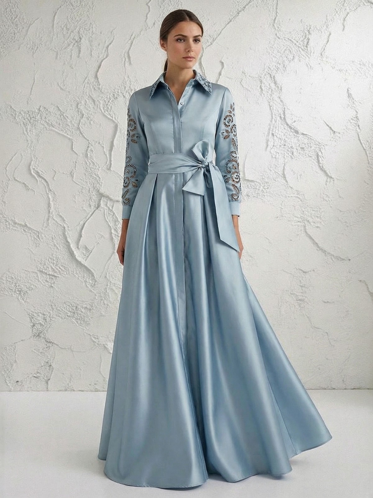 V Neck Satin Mother of the Bride Dresses with Belt