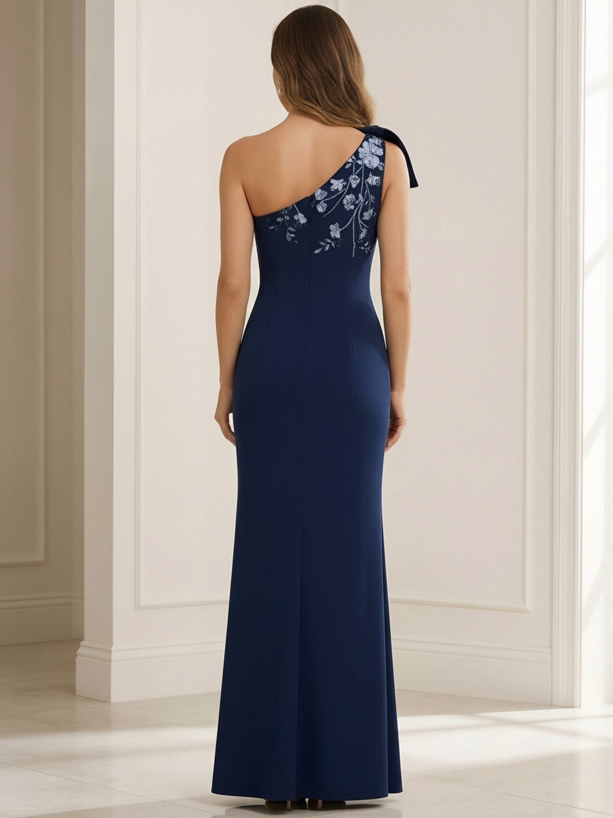 Bow Chiffon One Shoulder Lace Appliques Mother of the Bride Dresses