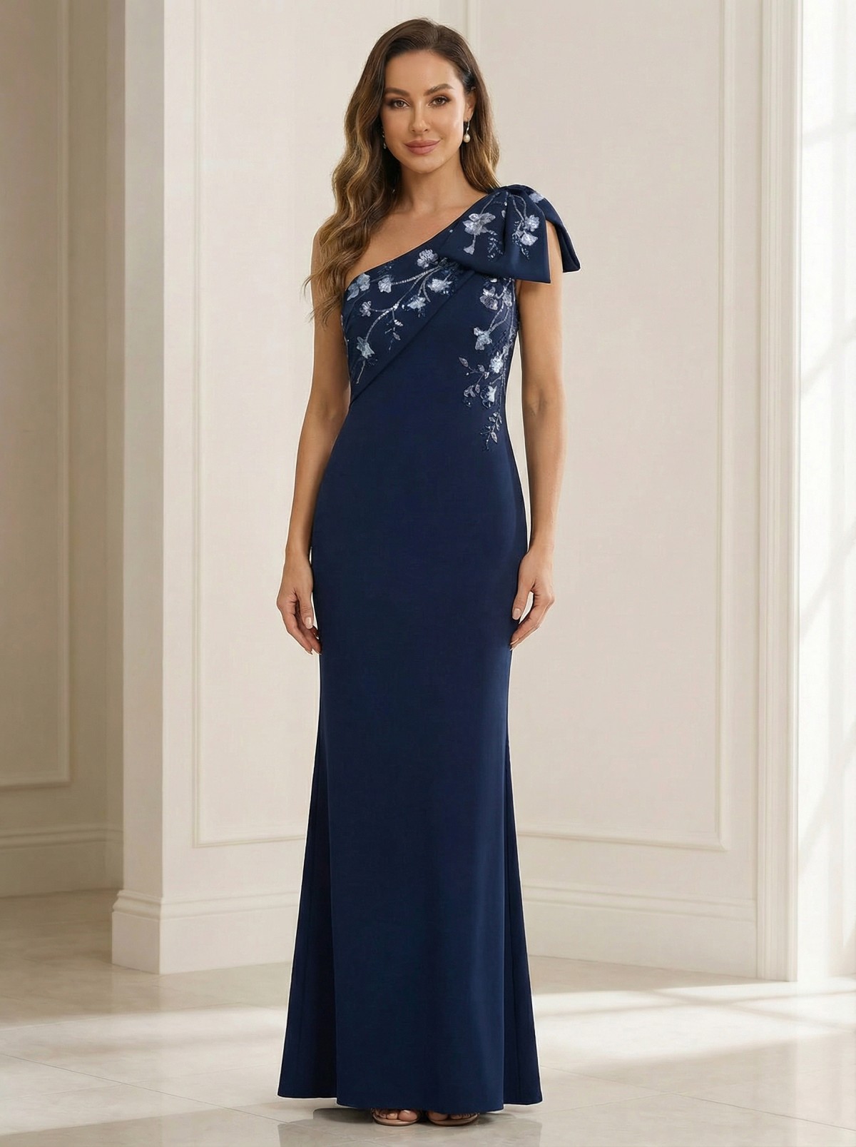 Bow Chiffon One Shoulder Lace Appliques Mother of the Bride Dresses