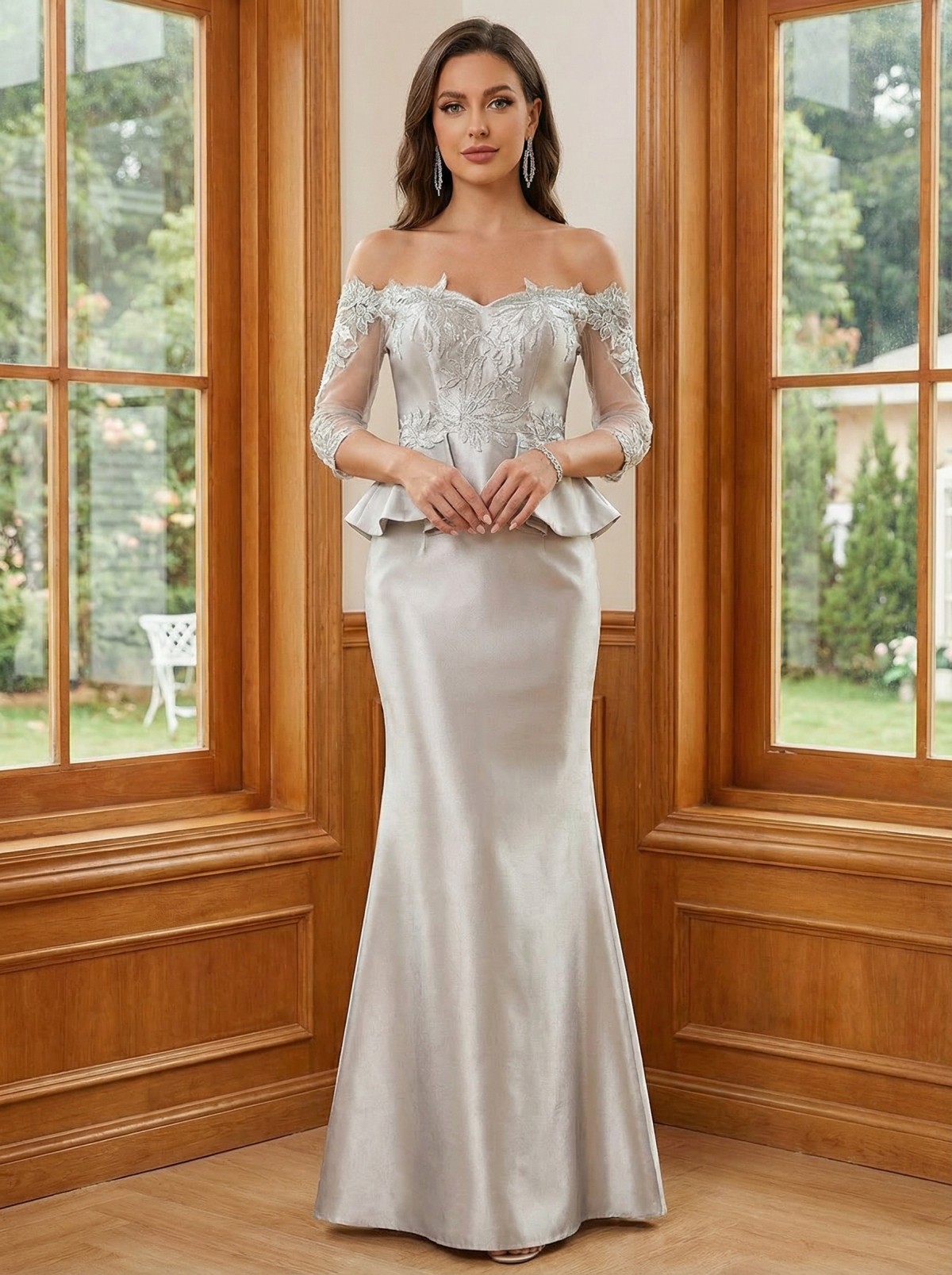Satin Off the Shoulder Lace Appliques Mother of the Bride Dresses