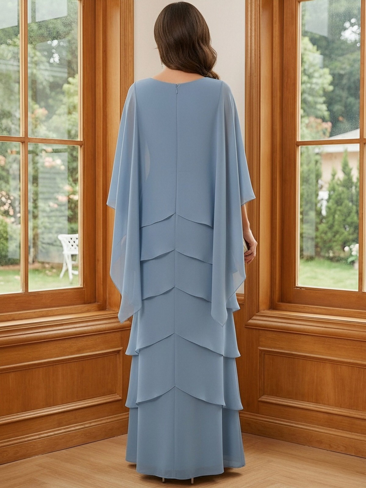 Chiffon V Neck A Line Tiered Lace Appliques Mother of the Bride Dresses