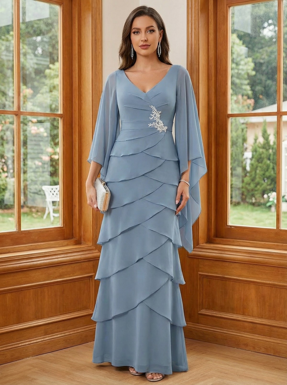 Chiffon V Neck A Line Tiered Lace Appliques Mother of the Bride Dresses