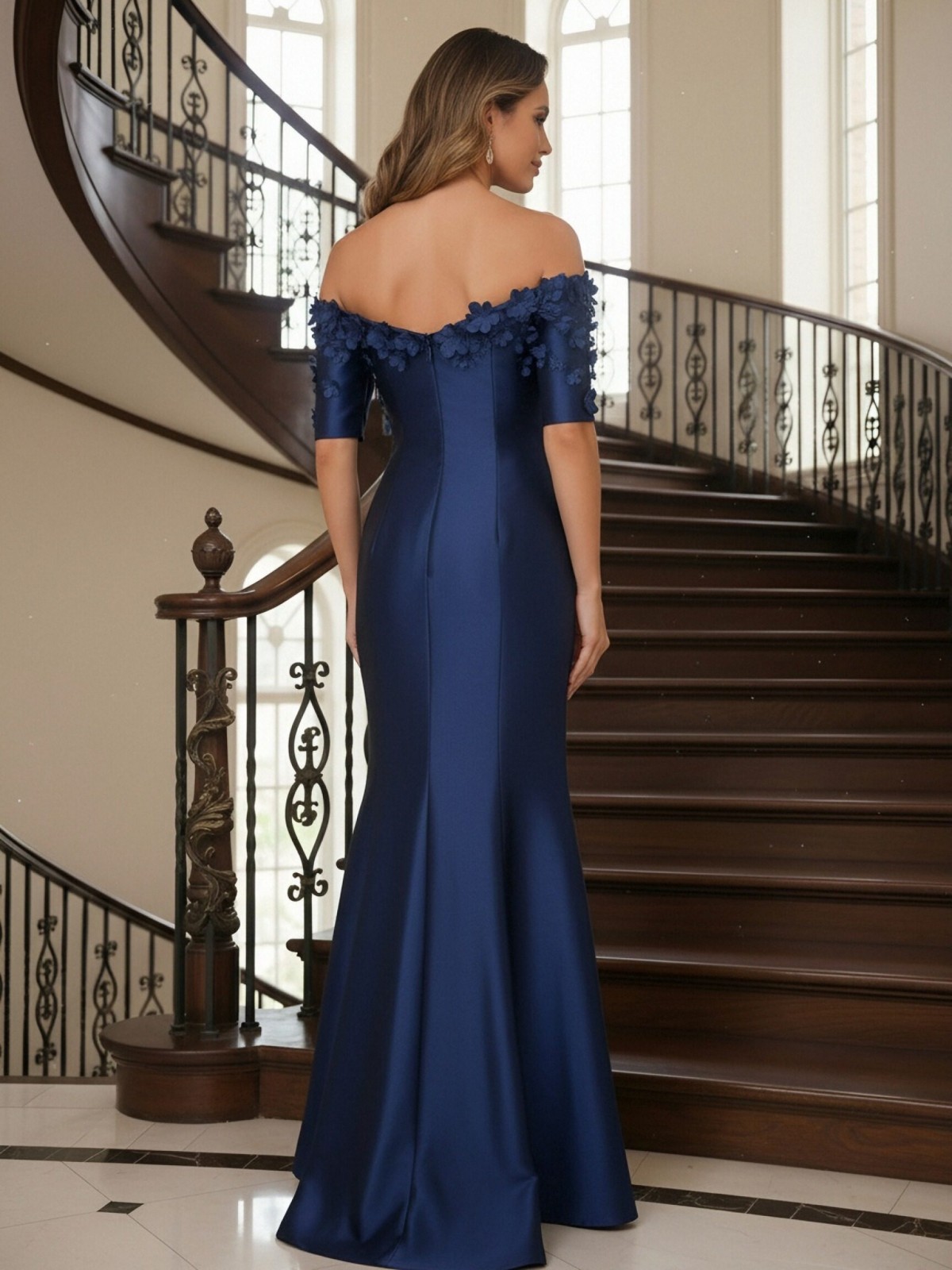 Satin Off the Shoulder Lace Appliques Mother of the Bride Dresses