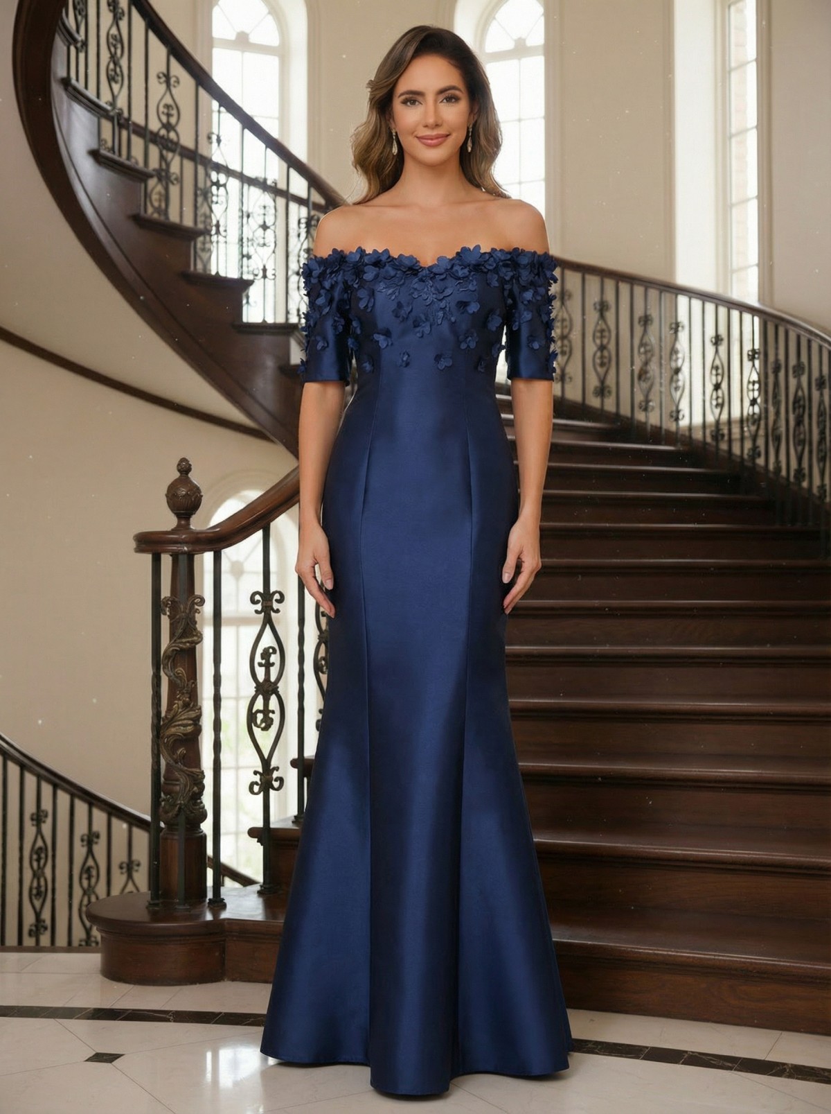 Satin Off the Shoulder Lace Appliques Mother of the Bride Dresses