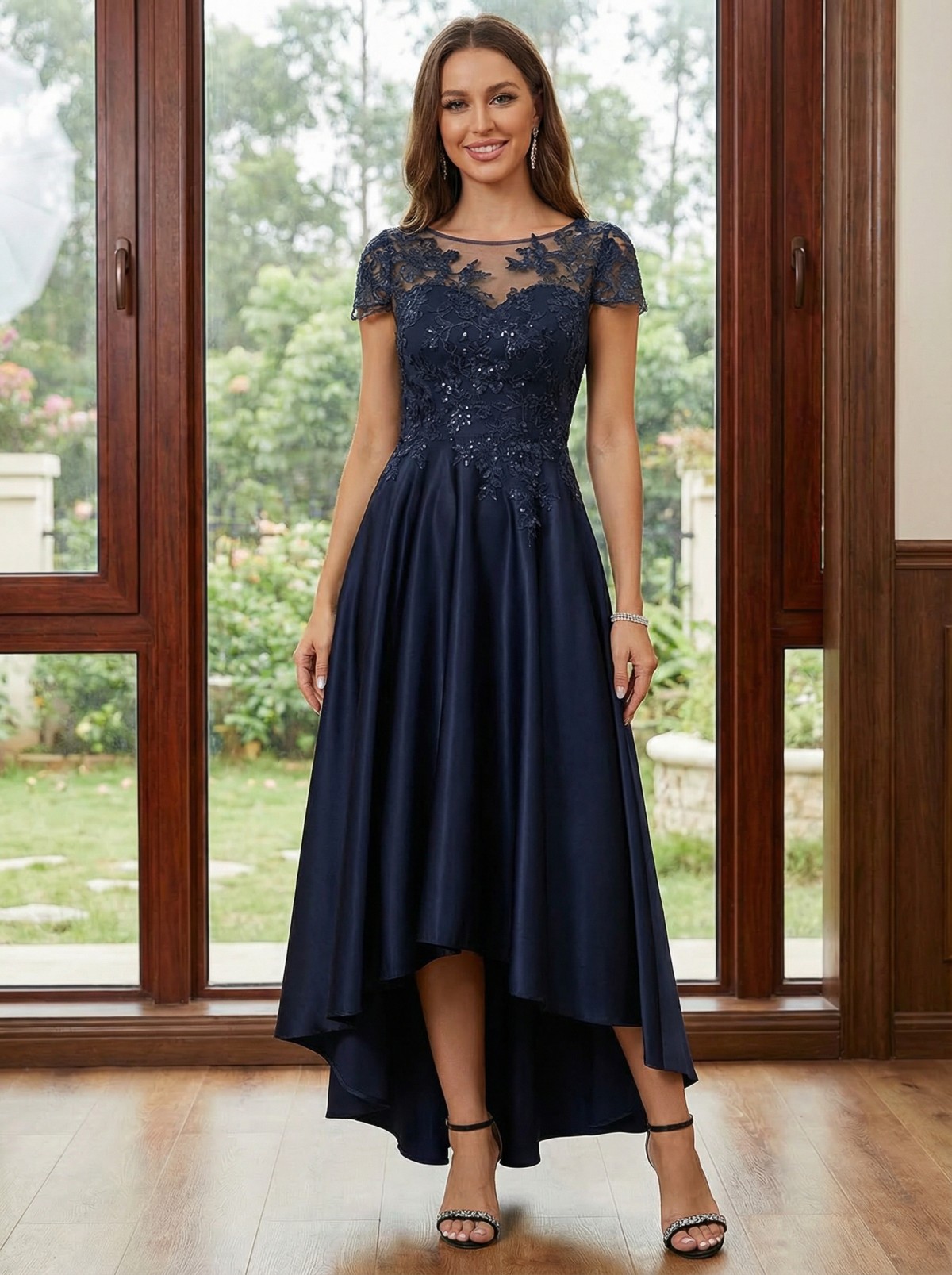 Satin Round Neck Lace Appliques High Low Mother of the Bride Dresses