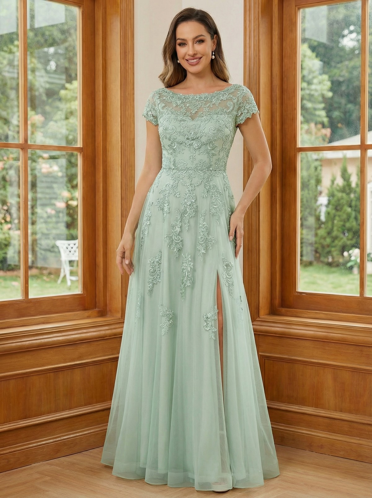 Tulle Round Neck Lace Appliques Mother of the Bride Dresses with Slit