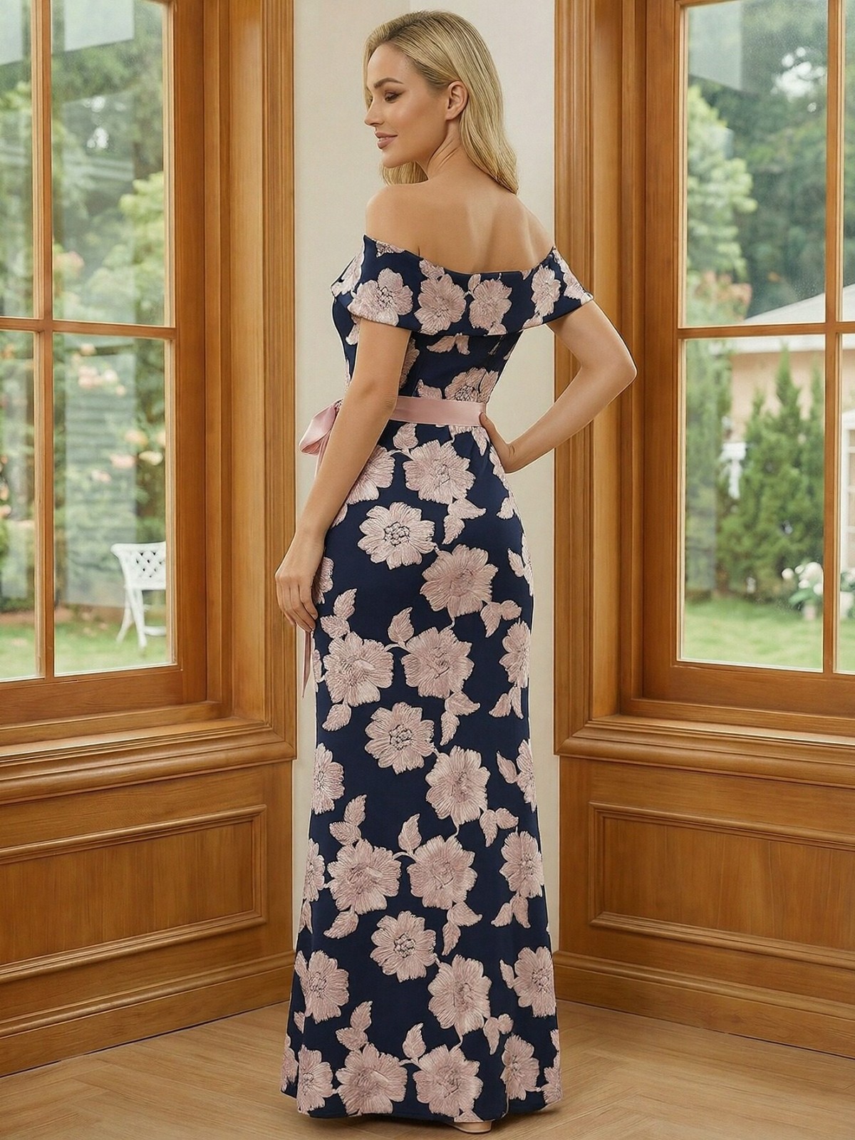 Flower Print Bow Off the Shoulder Mermaid Mother of the Bride Dresses