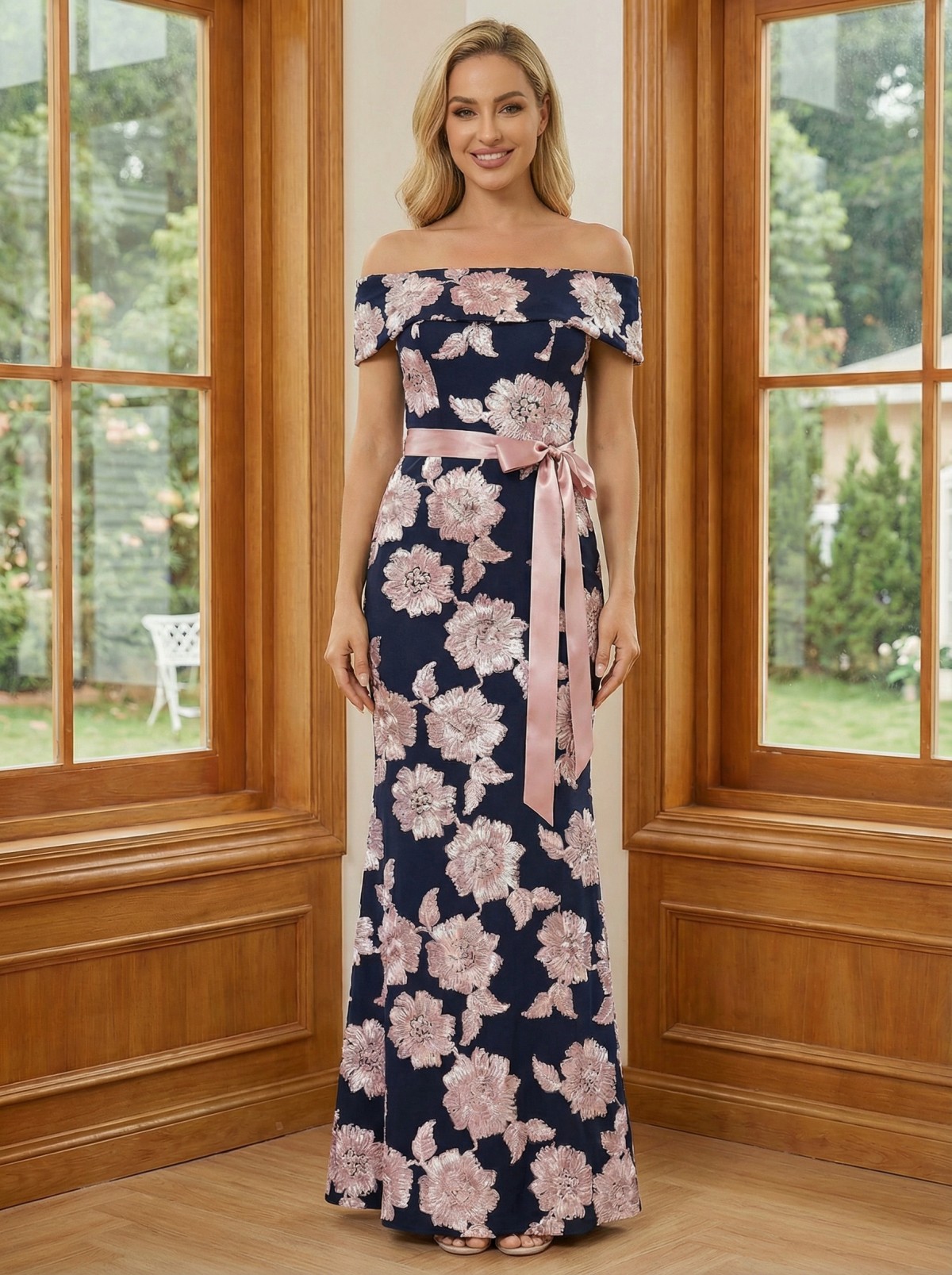 Flower Print Bow Off the Shoulder Mermaid Mother of the Bride Dresses