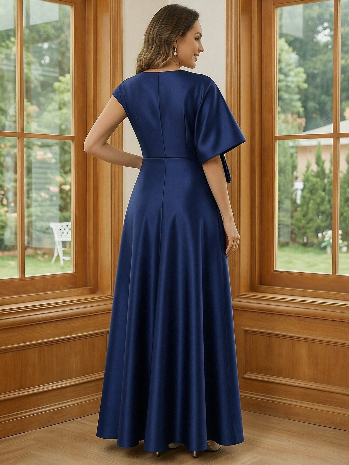 Satin V Neck Bow Long A Line Mother of the Bride Dresses