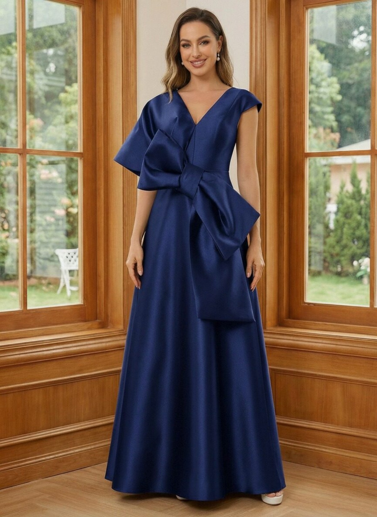 Satin V Neck Bow Long A Line Mother of the Bride Dresses