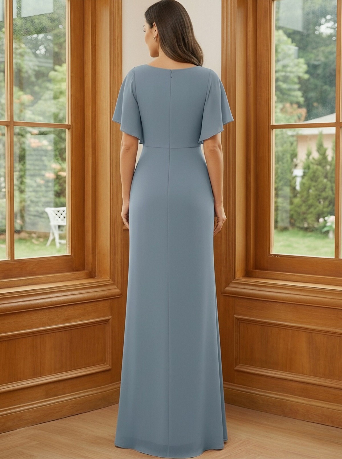 Chiffon Round Neck Pleated Lace Appliques Mother of the Bride Dresses