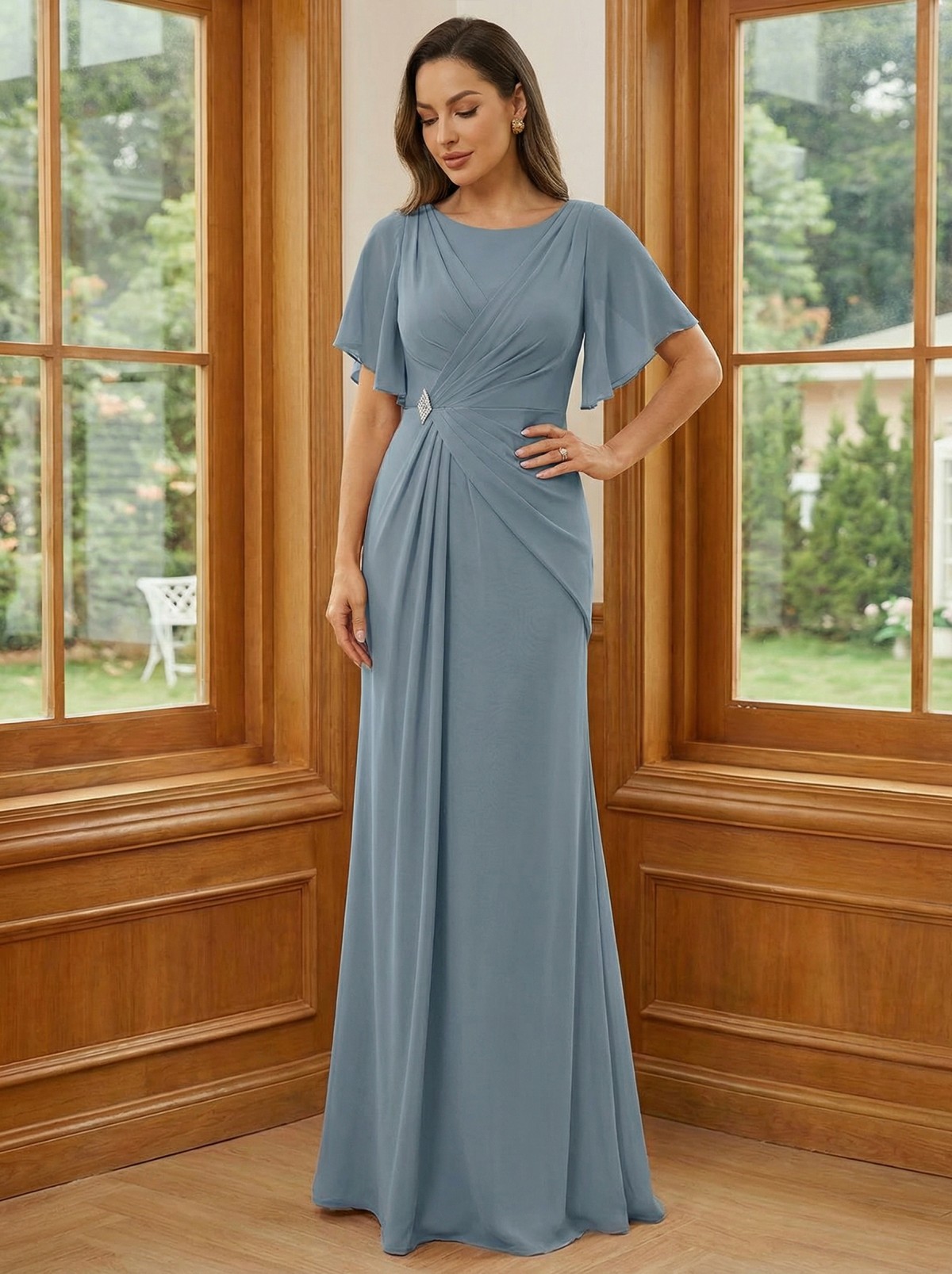 Chiffon Round Neck Pleated Lace Appliques Mother of the Bride Dresses