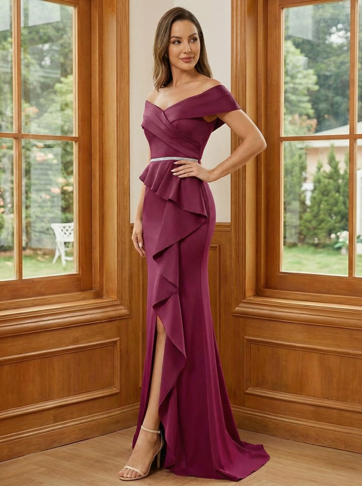 Satin Off the Shoulder Beadings Ruffles Long Mother of the Bride Dresses with Slit