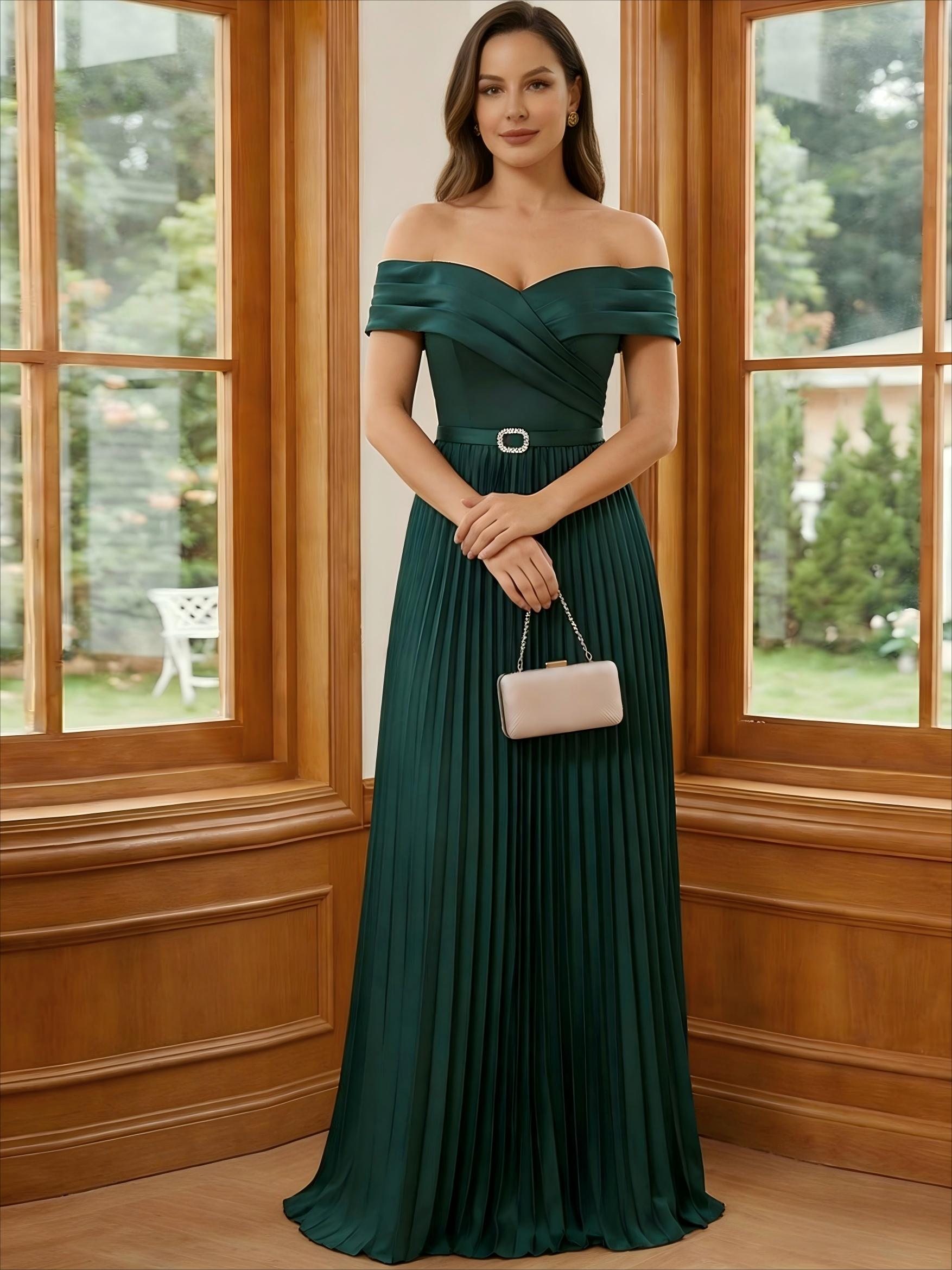 Satin Off the Shoulder Pleated Long Mother of the Bride Dresses