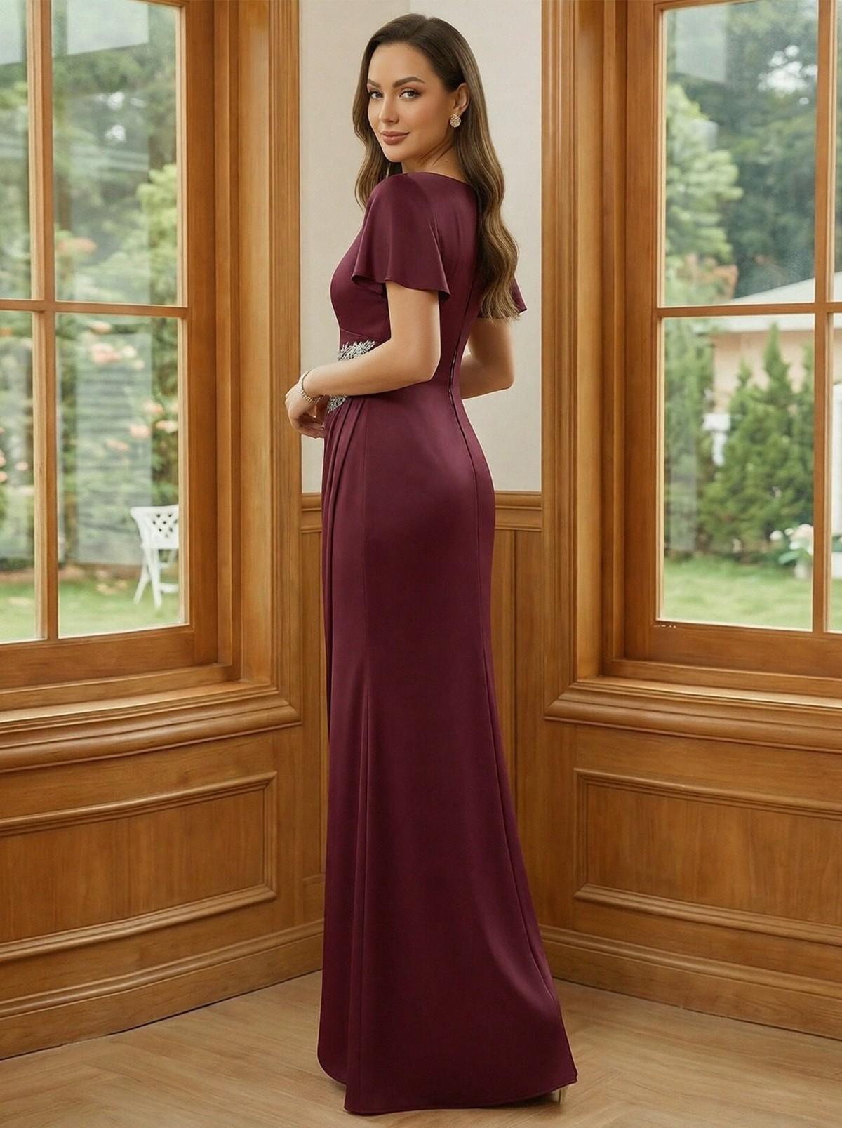 Lace Appliques Satin Pleated V Neck Mother of the Bride Dresses