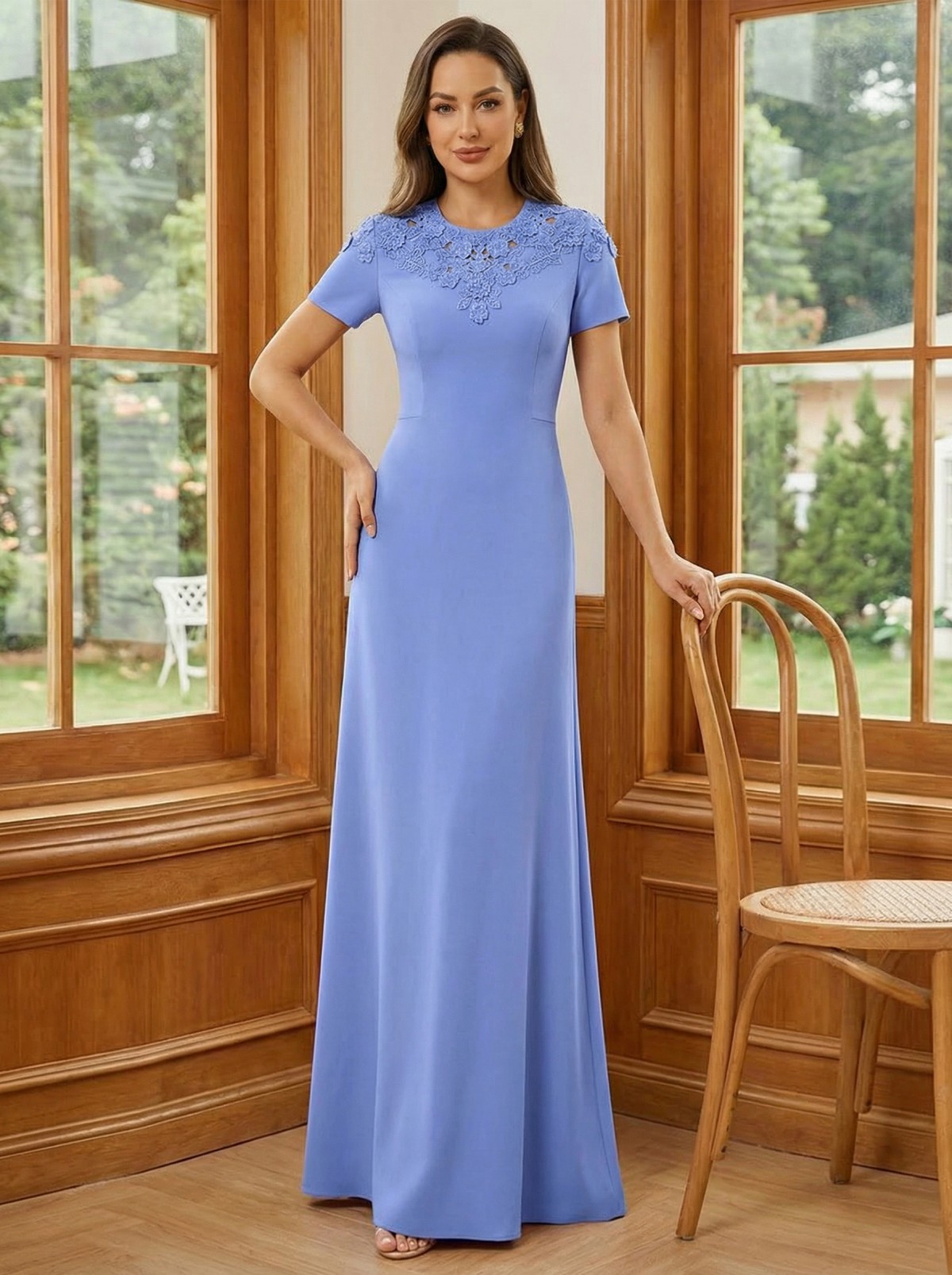 Lace Appliques Chiffon Round Neck Mother of the Bride Dresses