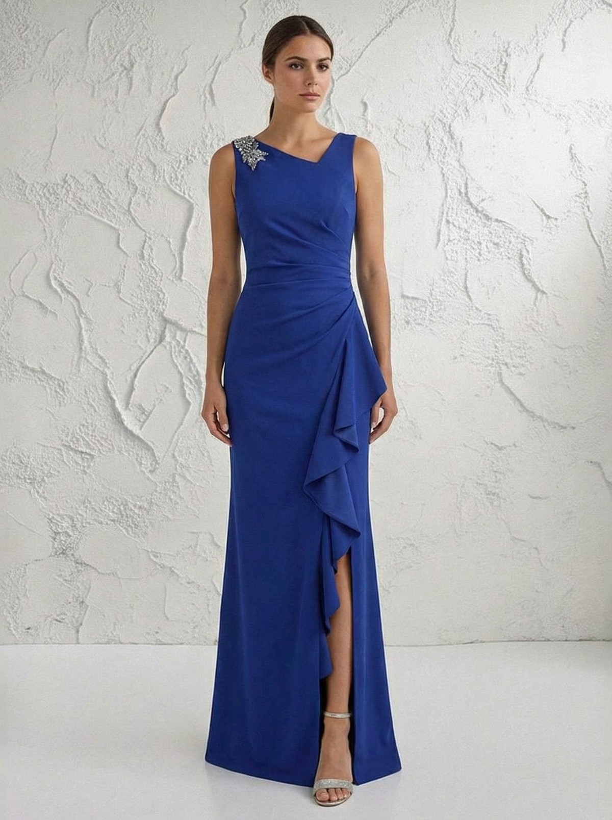 Lace Appliques Chiffon V Neck Ruffles Mother of the Bride Dresses with Slit