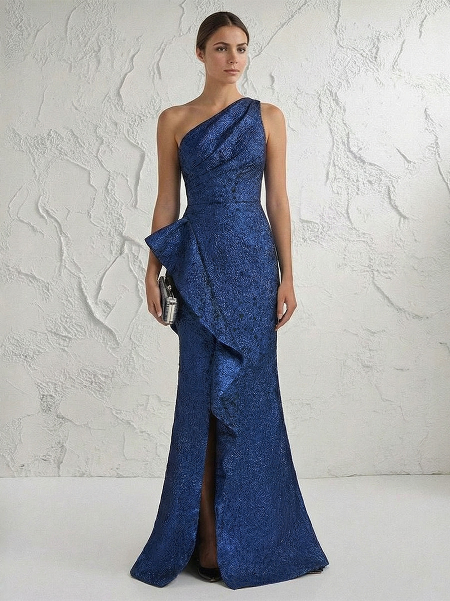 One Shoulder Satin Mermaid Ruffles Mother of the Bride Dresses with Slit