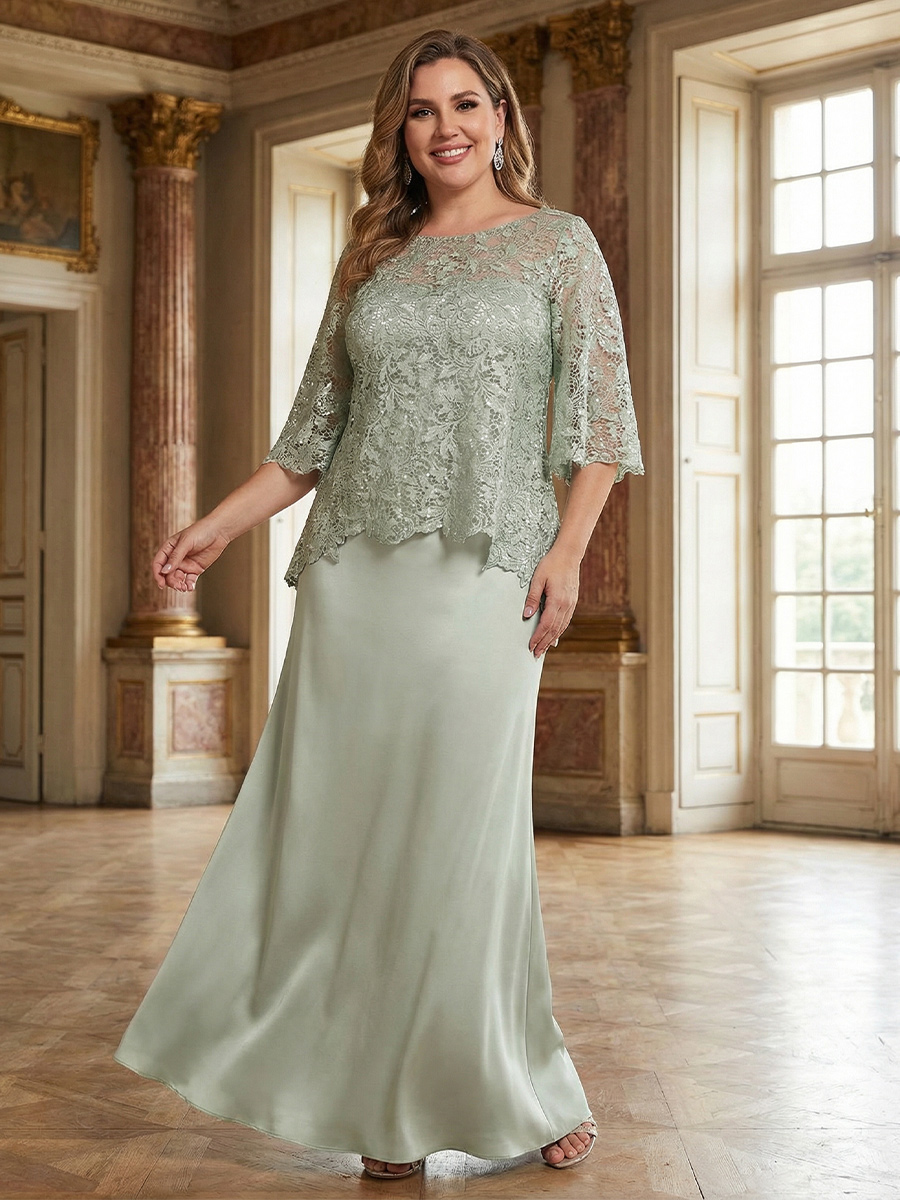 Satin Scoop Neck Lace Appliques Mother of the Bride Dresses